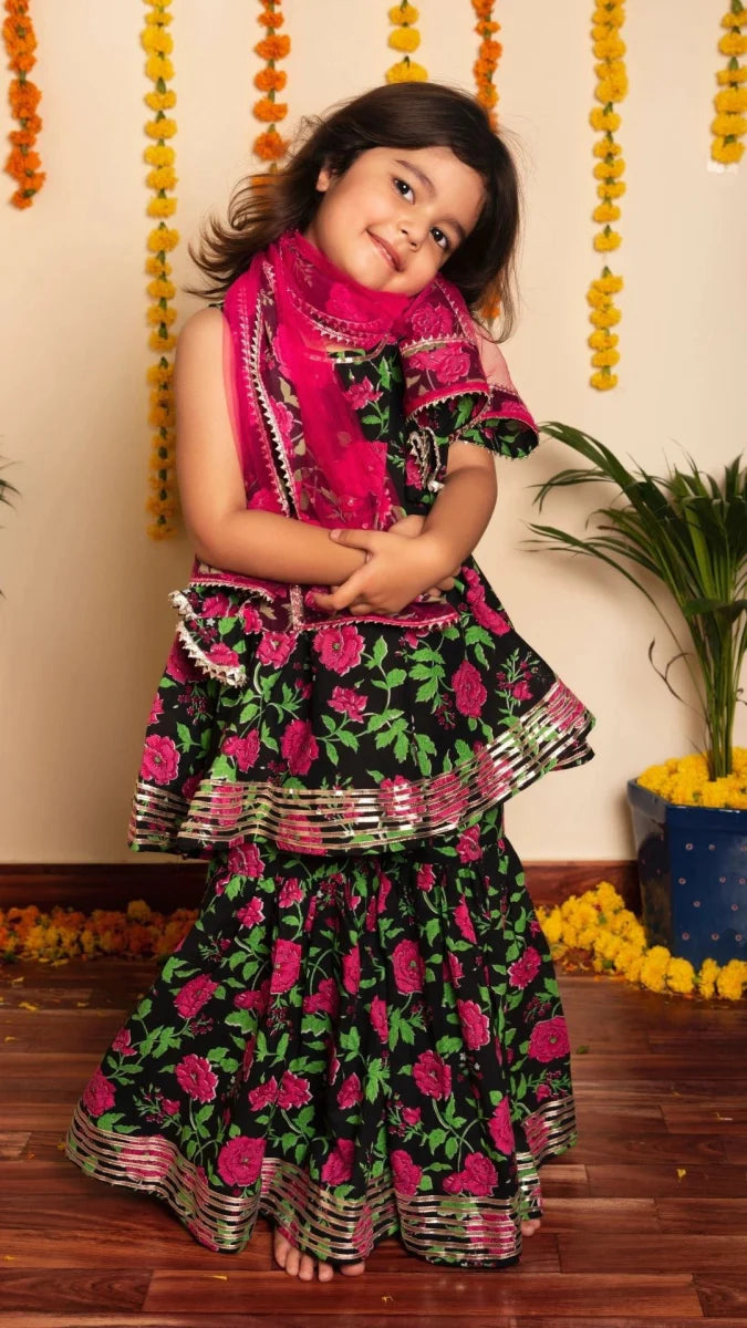 Black Cotton Bachapan Gulmohar Sharara Set