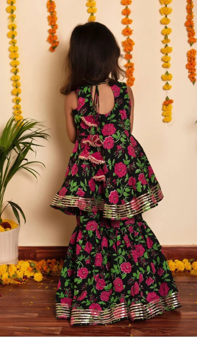 Black Cotton Bachapan Gulmohar Sharara Set