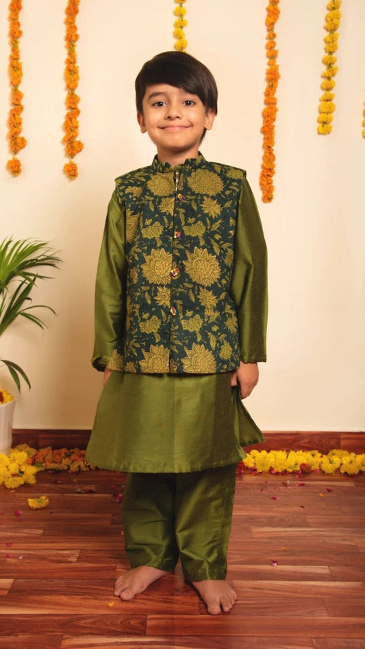 Green Cotton Silk Bachapan Idika Kurta Jacket Set