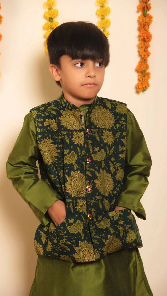 Green Cotton Silk Bachapan Idika Kurta Jacket Set