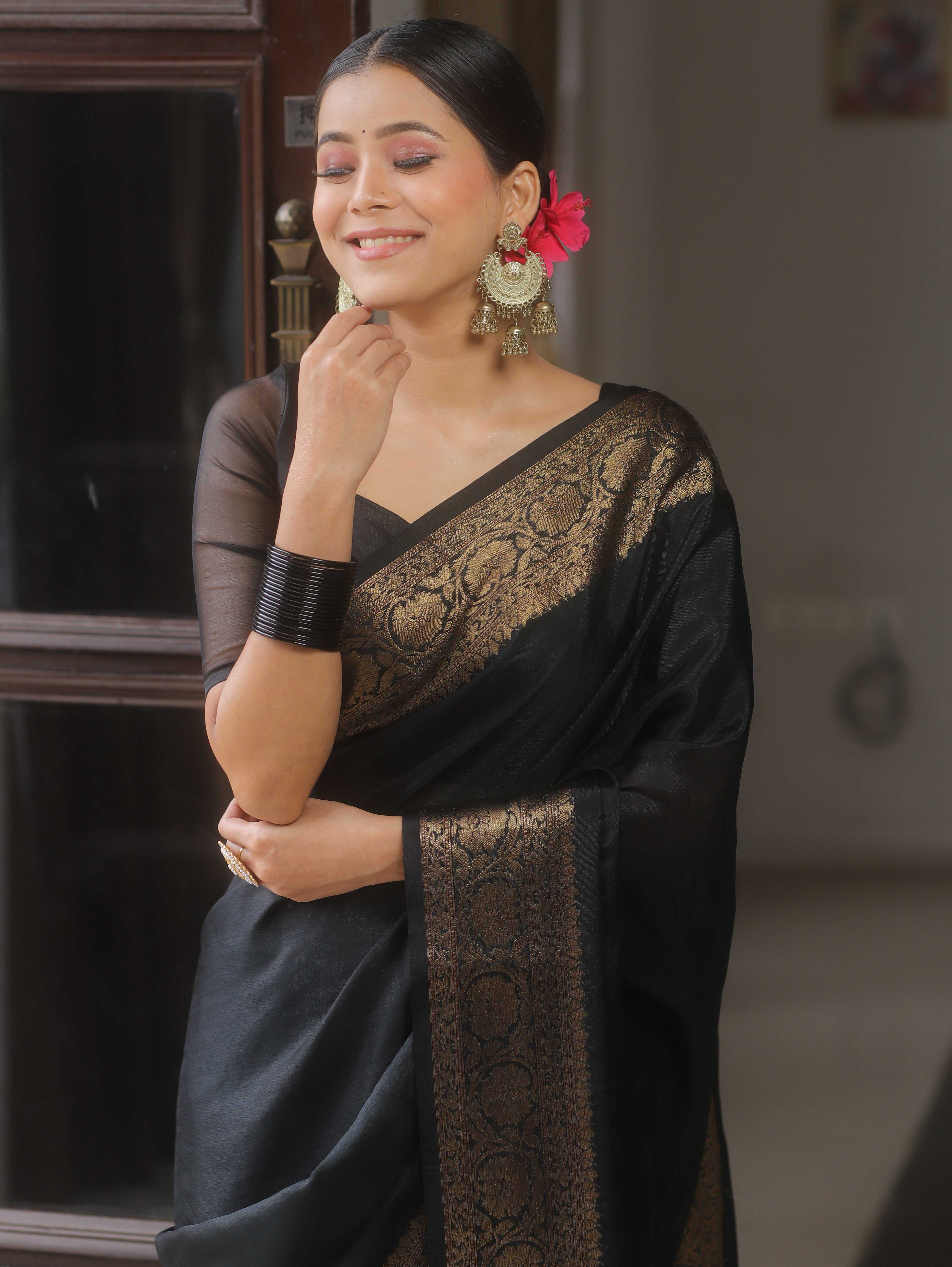 Banarasee Black Semi Silk Saree