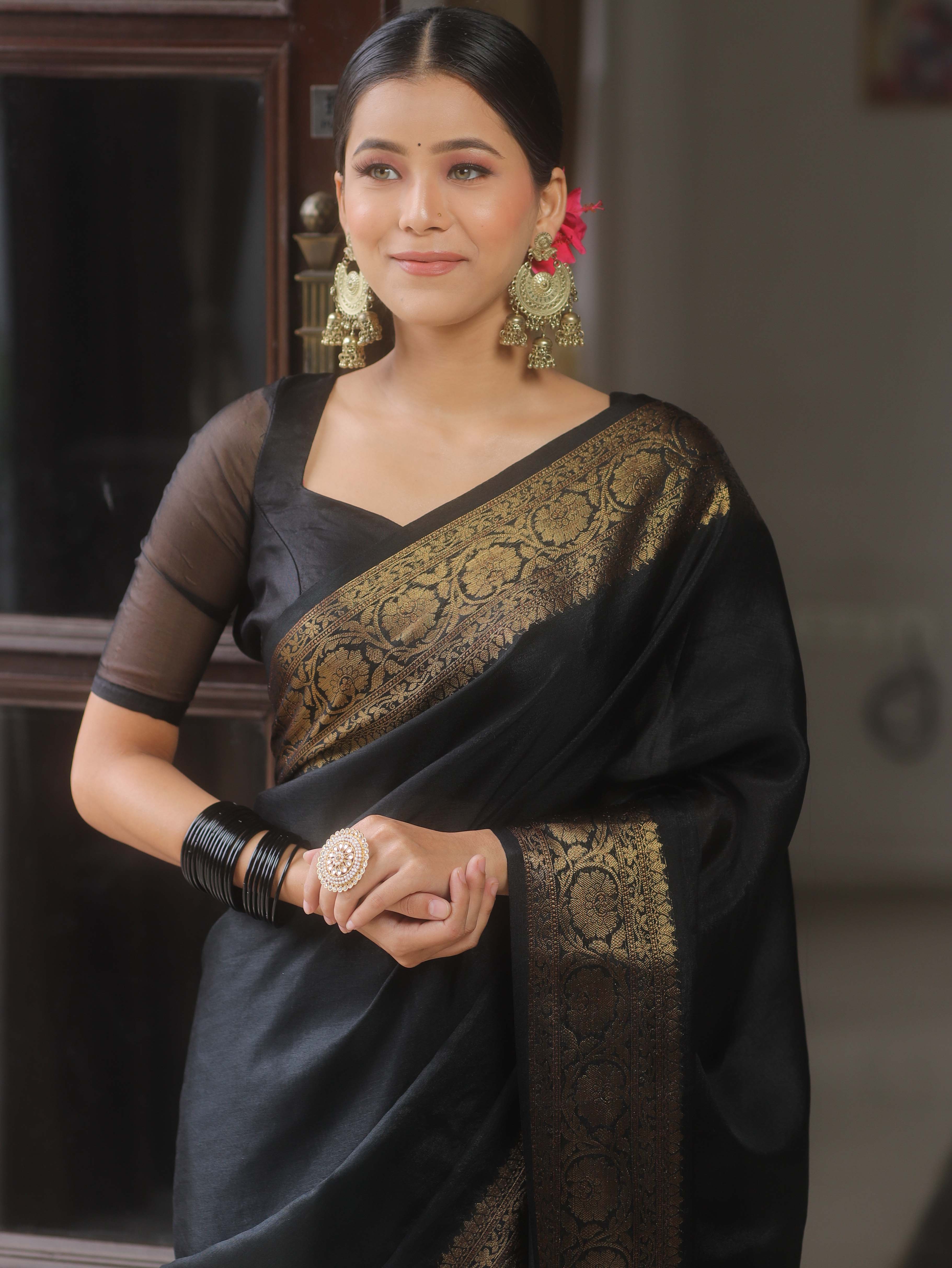 Banarasee Black Semi Silk Saree