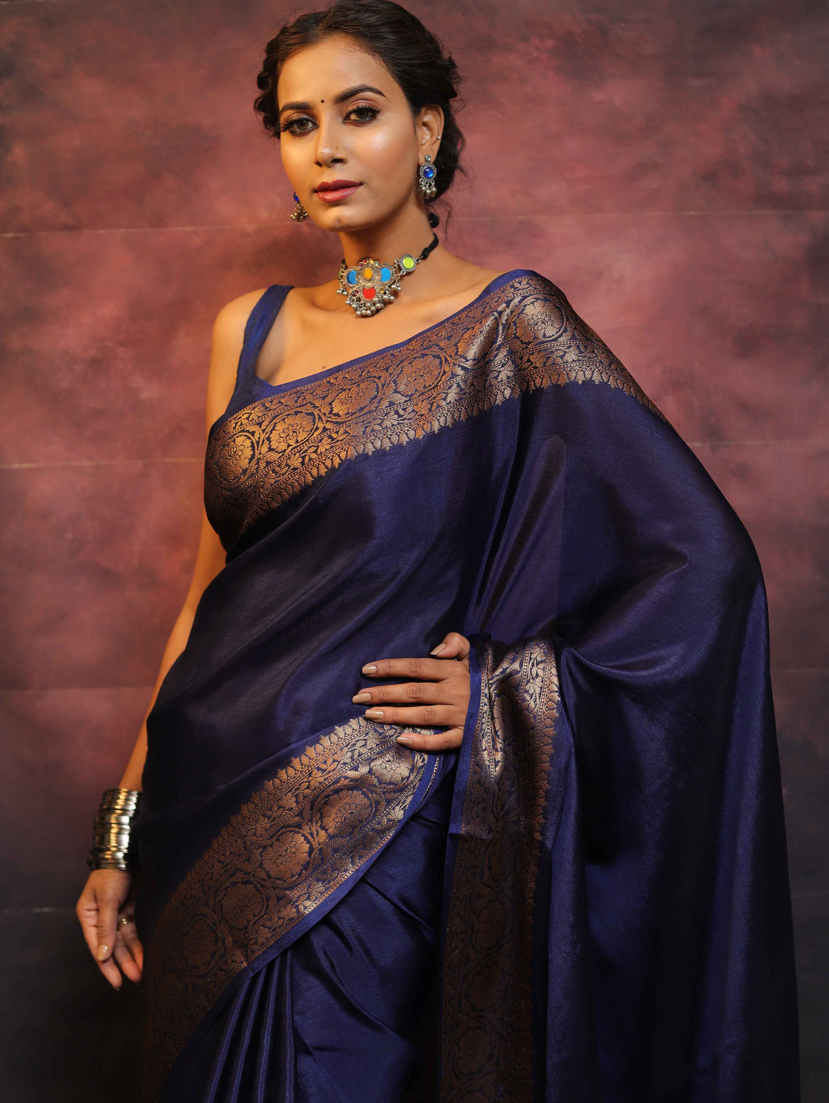 Banarasee Blue Semi Silk Saree Zari Border