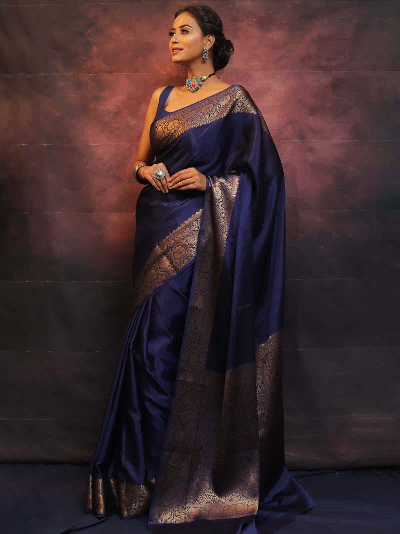 Banarasee Blue Semi Silk Saree Zari Border