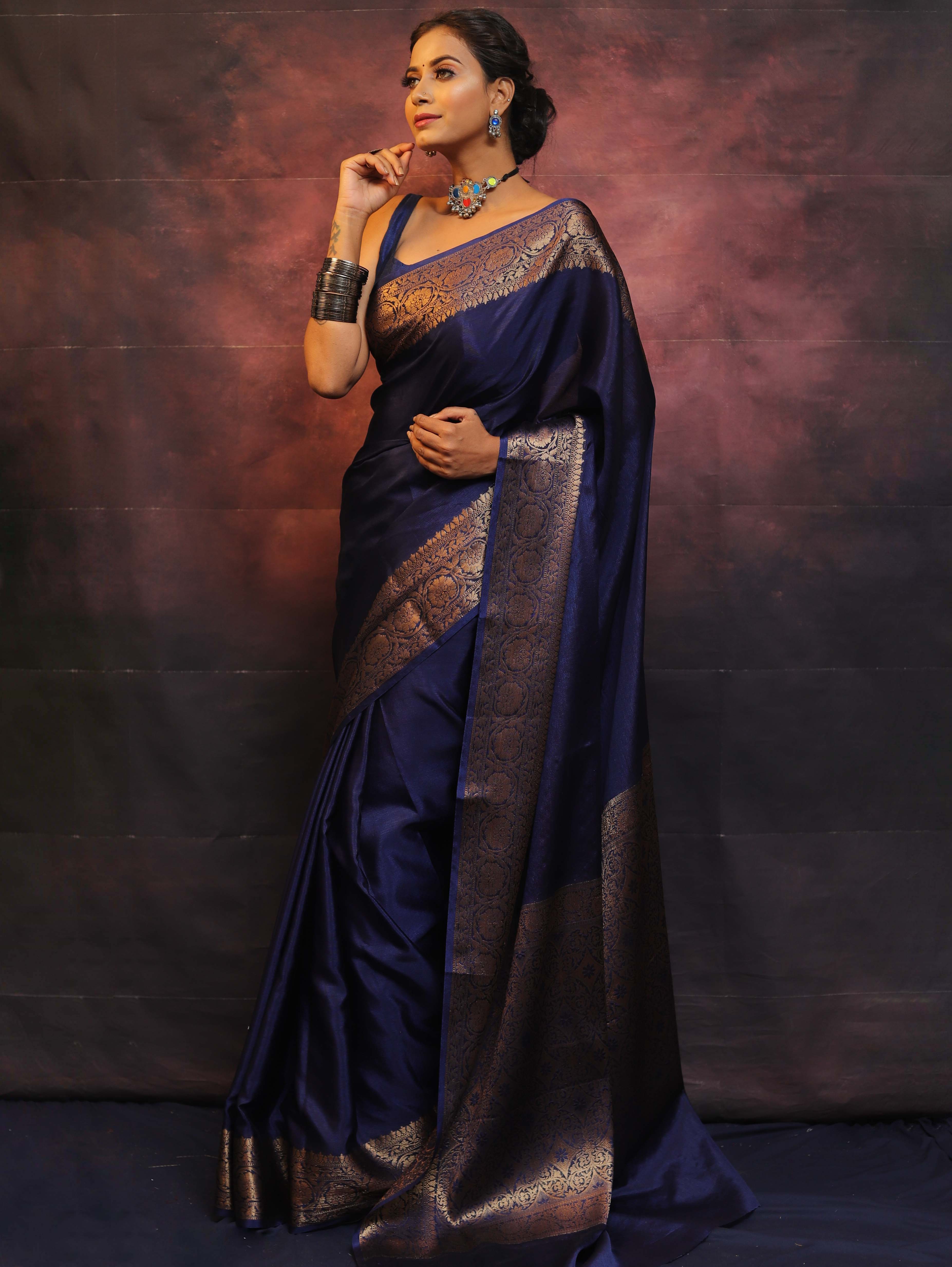 Banarasee Blue Semi Silk Saree Zari Border