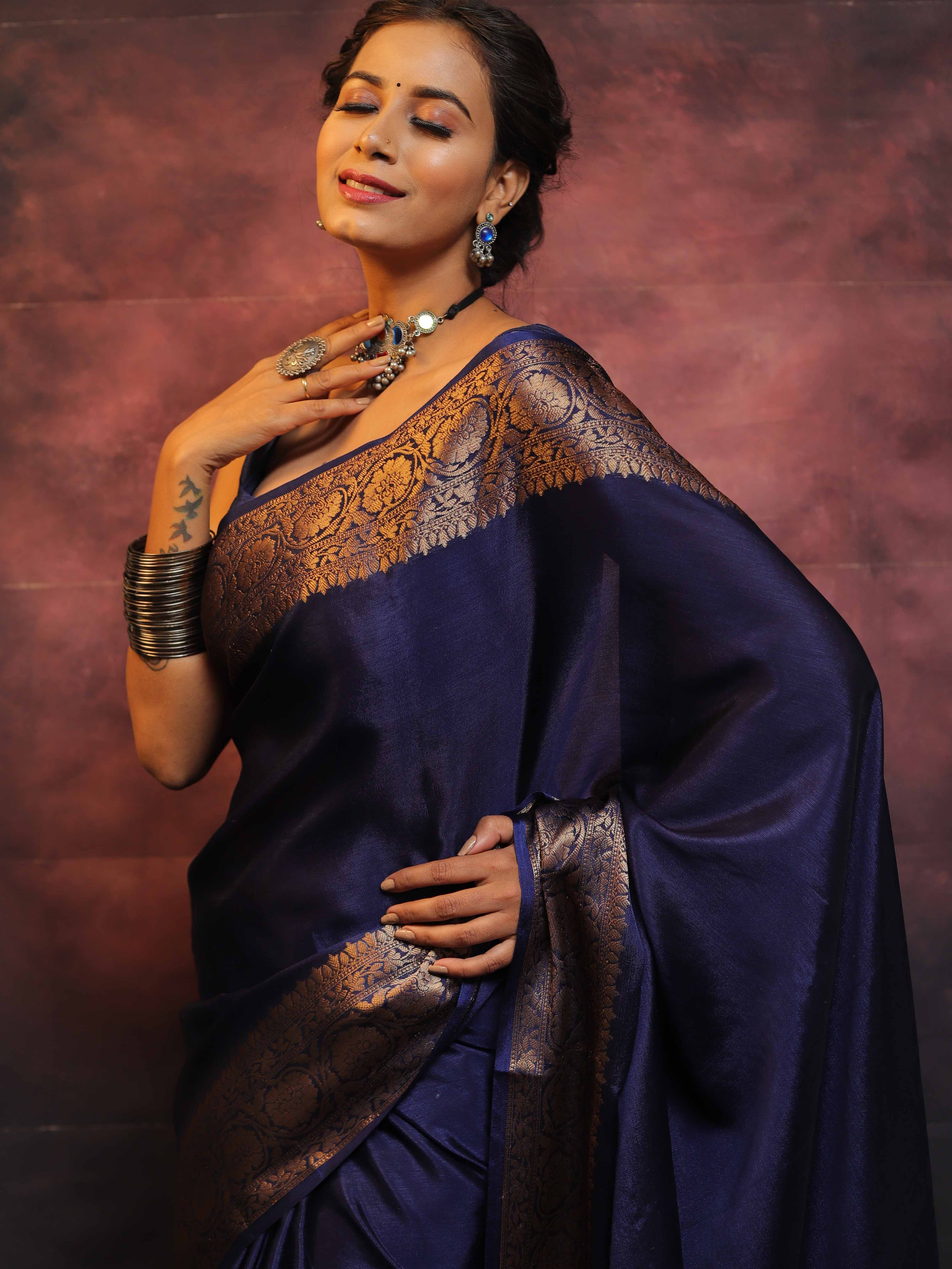 Banarasee Blue Semi Silk Saree Zari Border