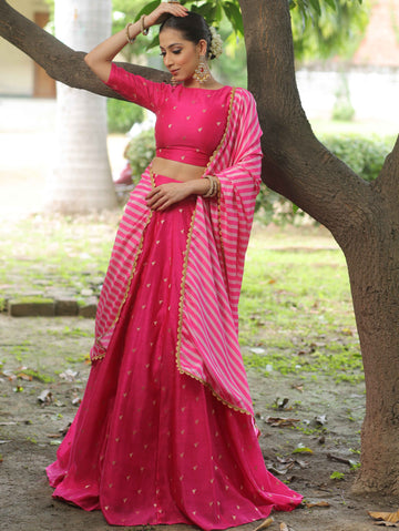 Banarasee Chanderi Pink Silk Lehenga and Blouse With Crepe Silk Dupatta
