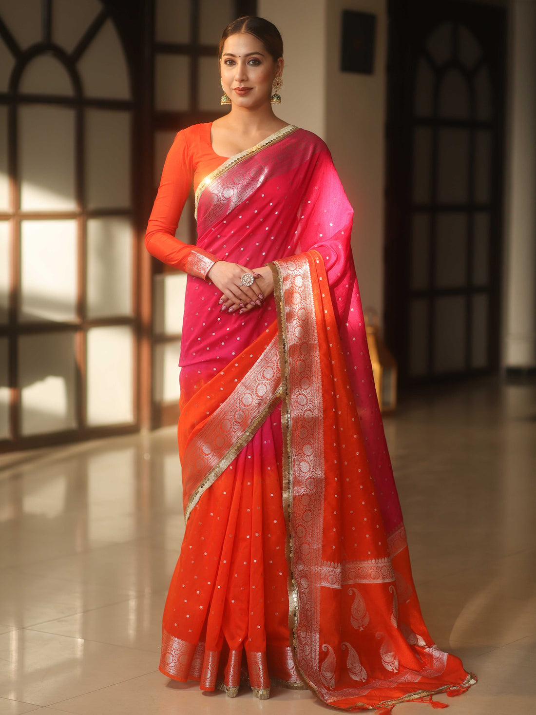 Banarasee Dual Color Semi-Chiffon Saree
