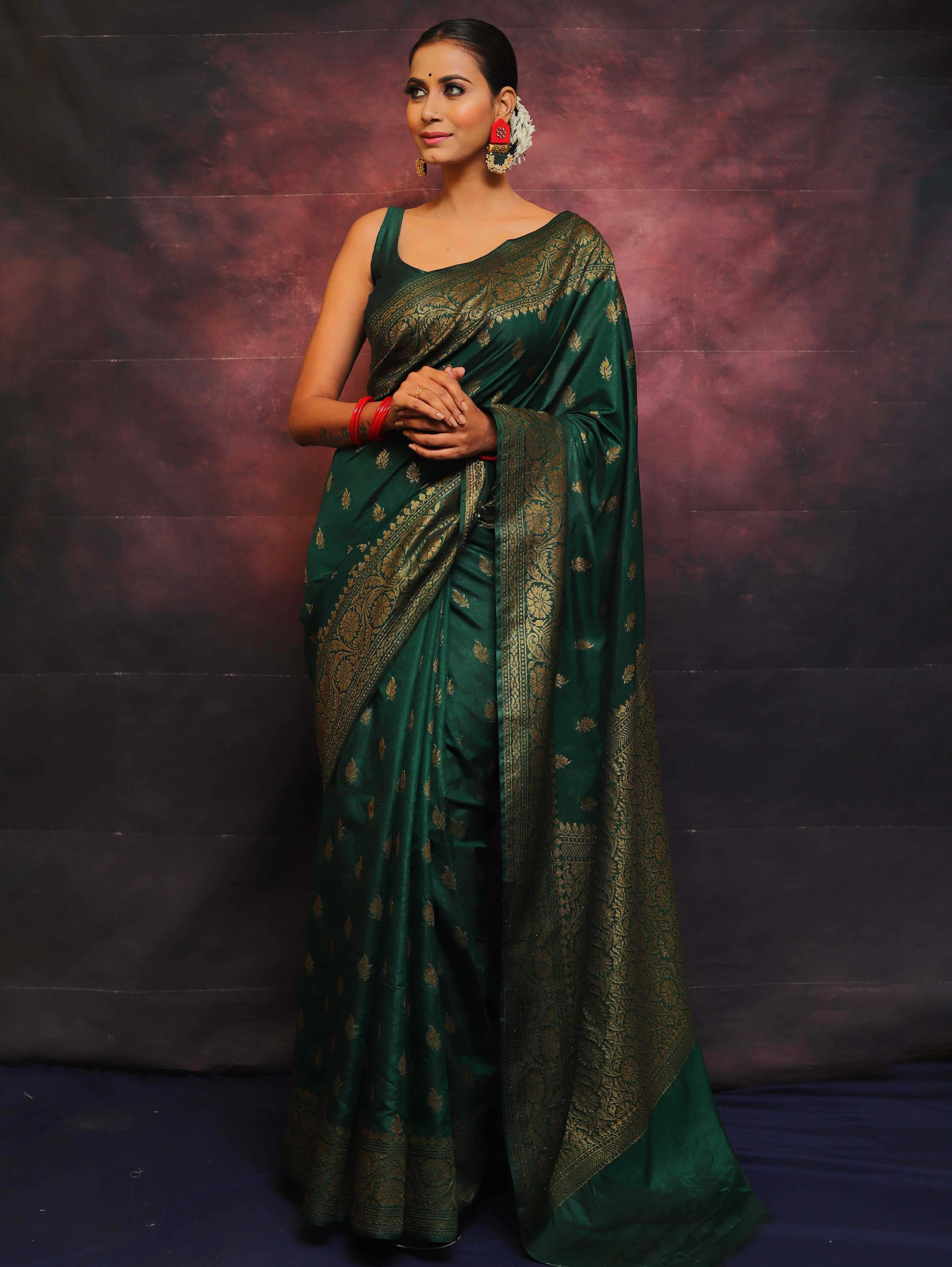 Banarasee Green Semi-Chiffon Zari Saree
