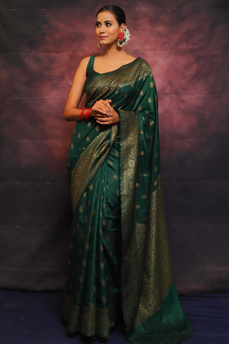 Banarasee Green Semi-Chiffon Zari Saree