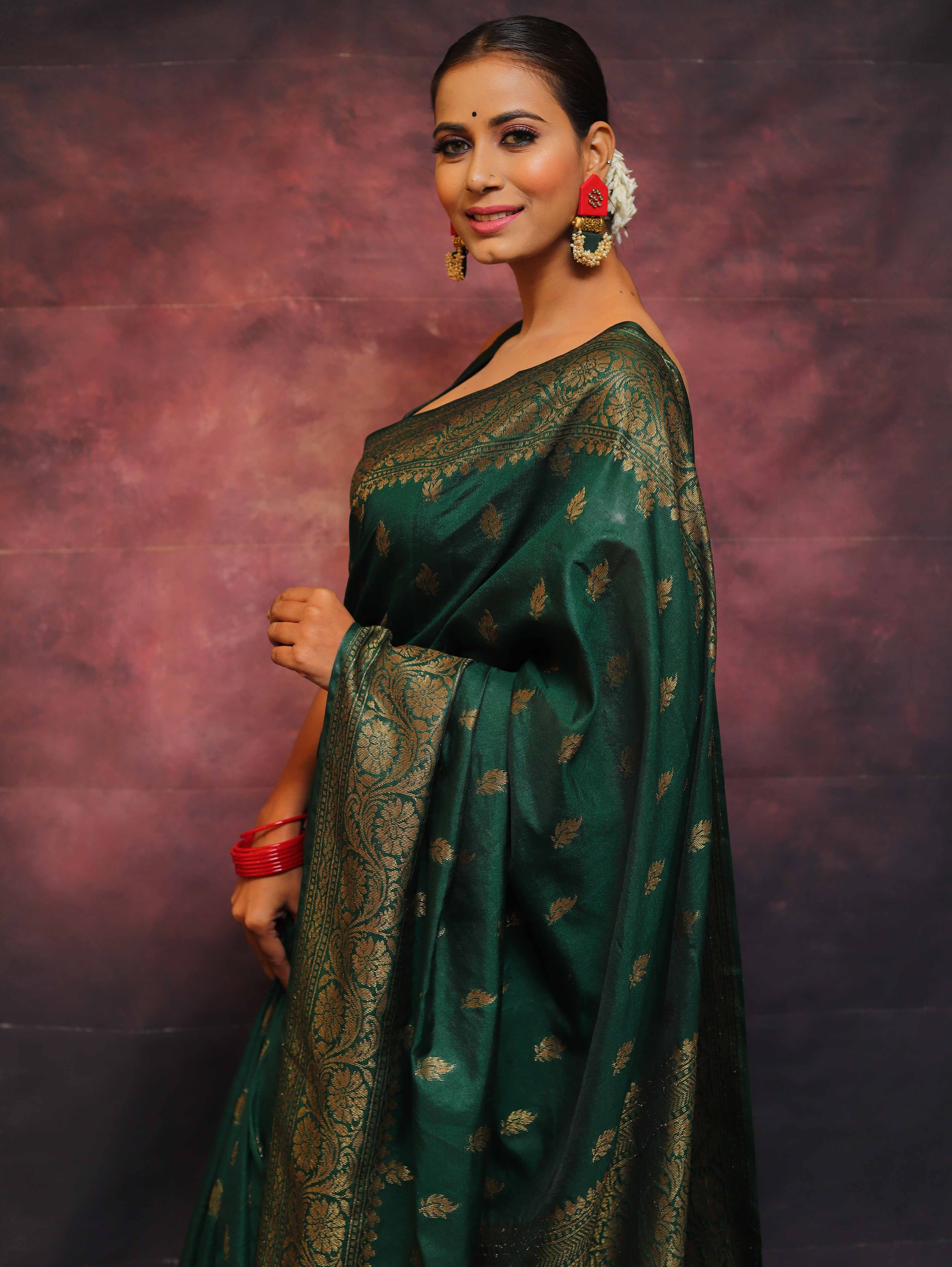 Banarasee Green Semi-Chiffon Zari Saree