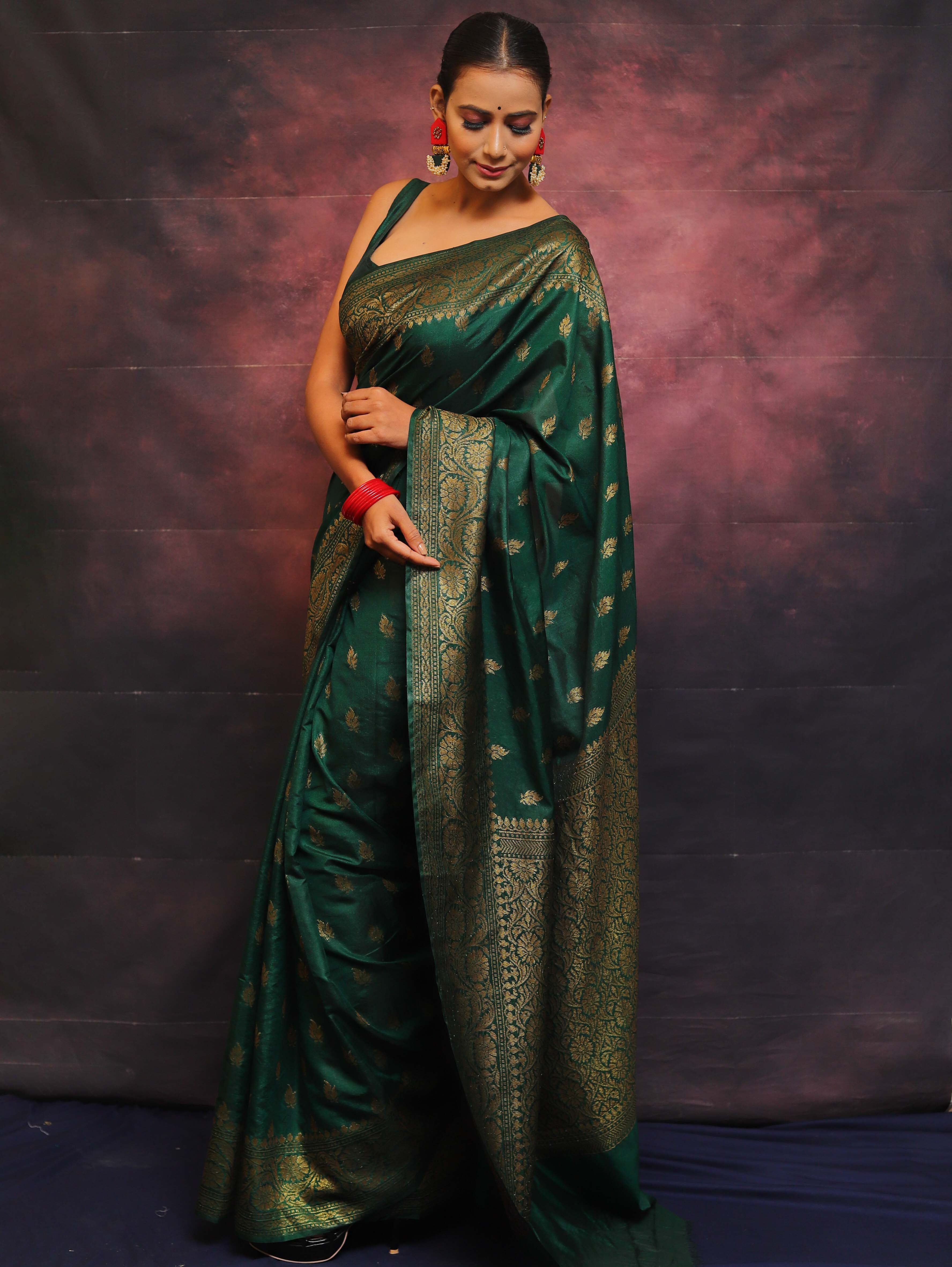 Banarasee Green Semi-Chiffon Zari Saree