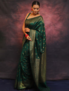Banarasee Green Semi-Chiffon Zari Saree