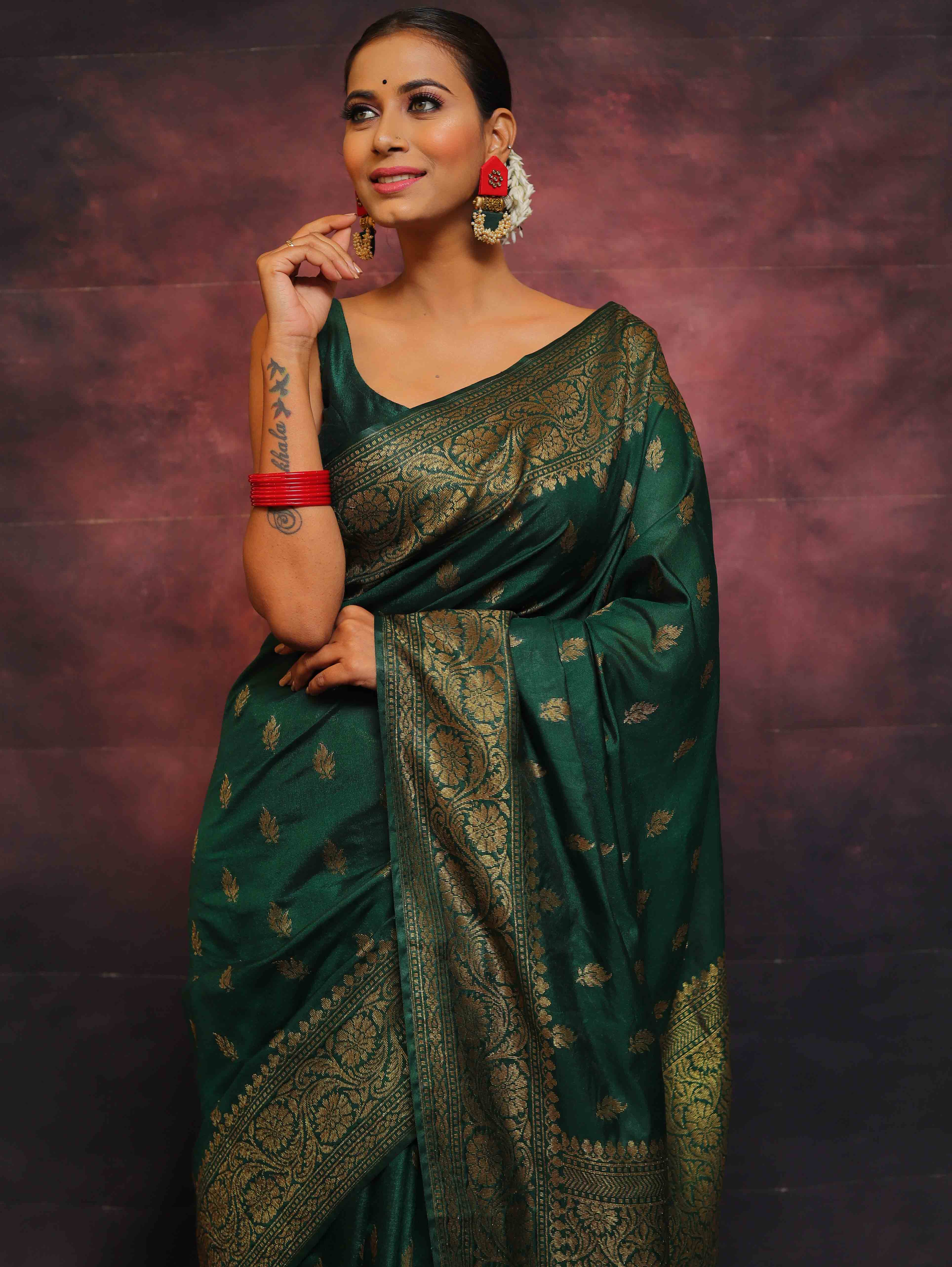 Banarasee Green Semi-Chiffon Zari Saree