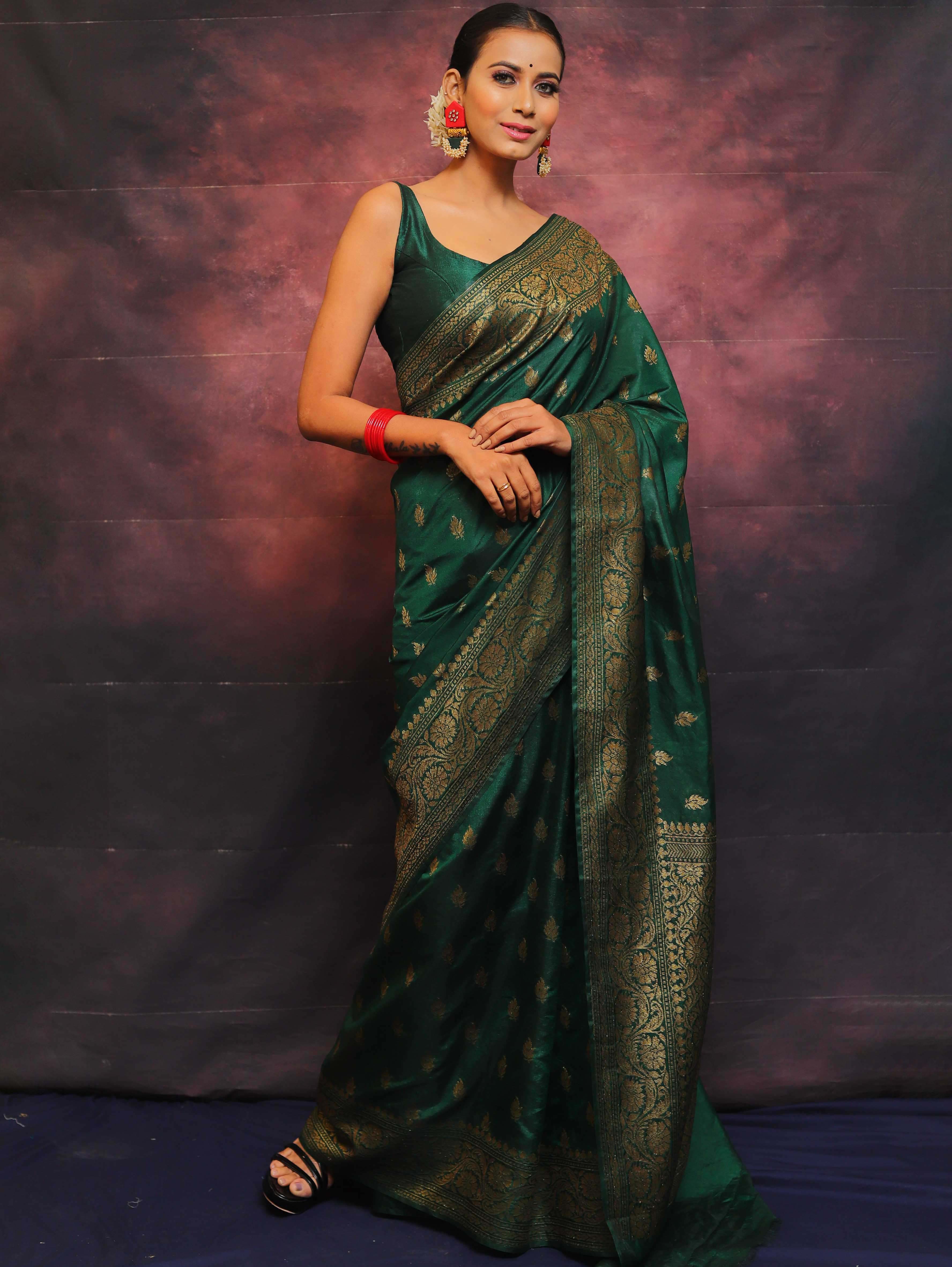 Banarasee Green Semi-Chiffon Zari Saree