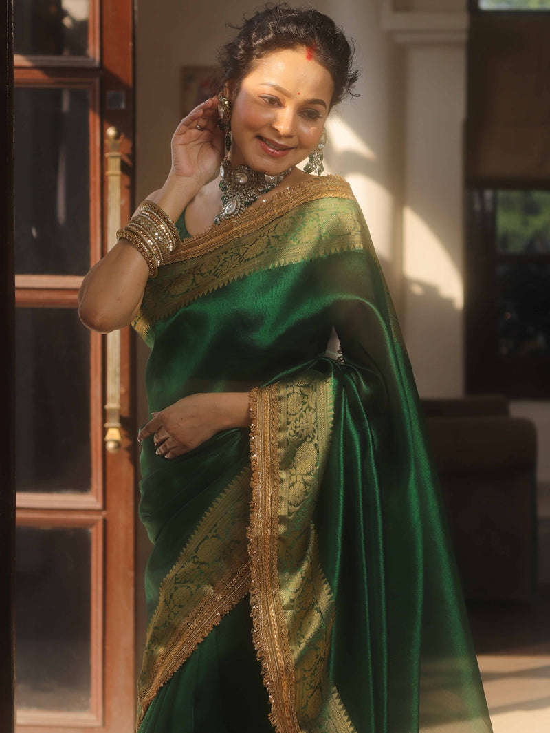 Banarasee Handwoven Green Tissue Saree