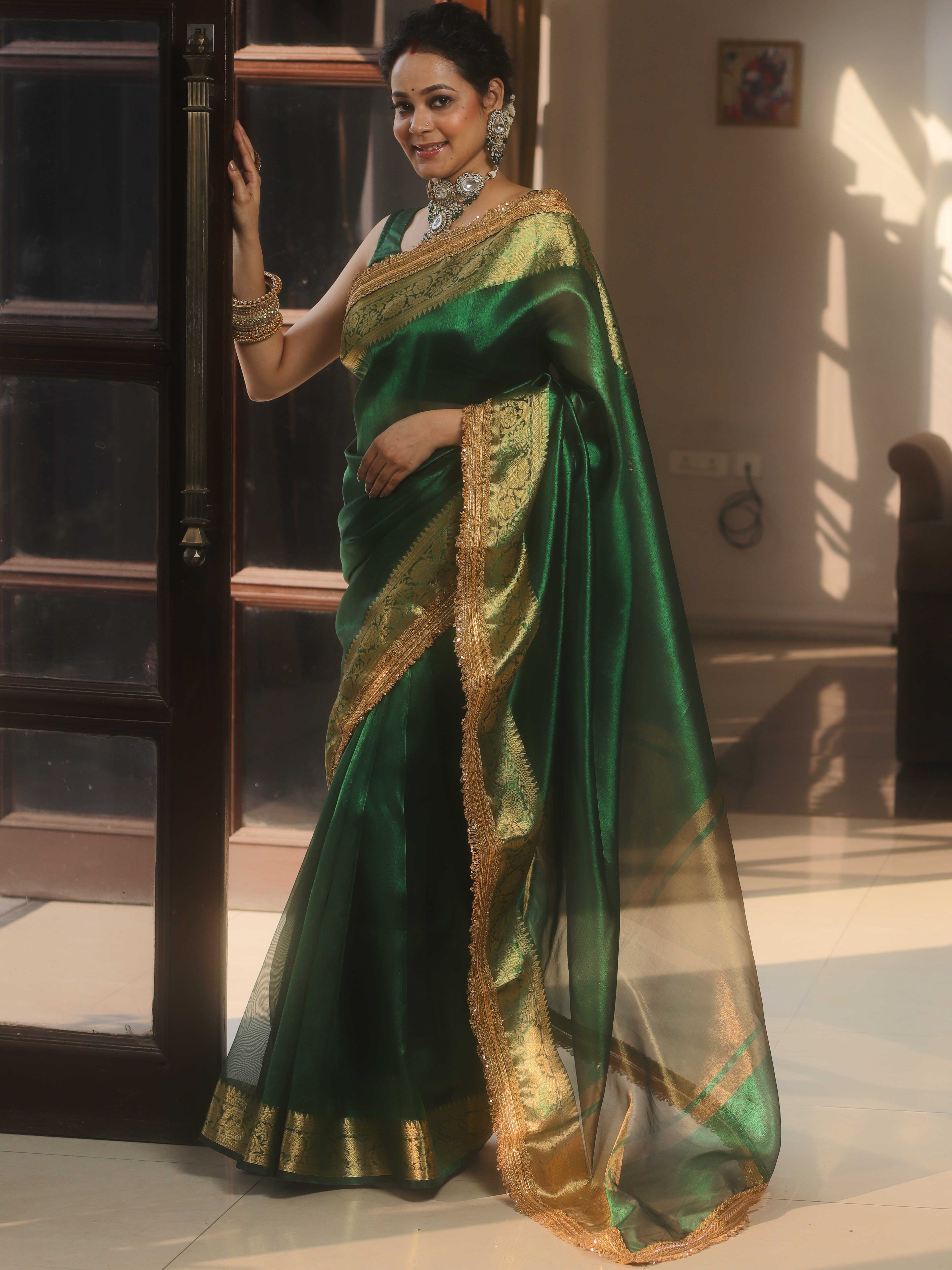 Banarasee Handwoven Green Tissue Saree