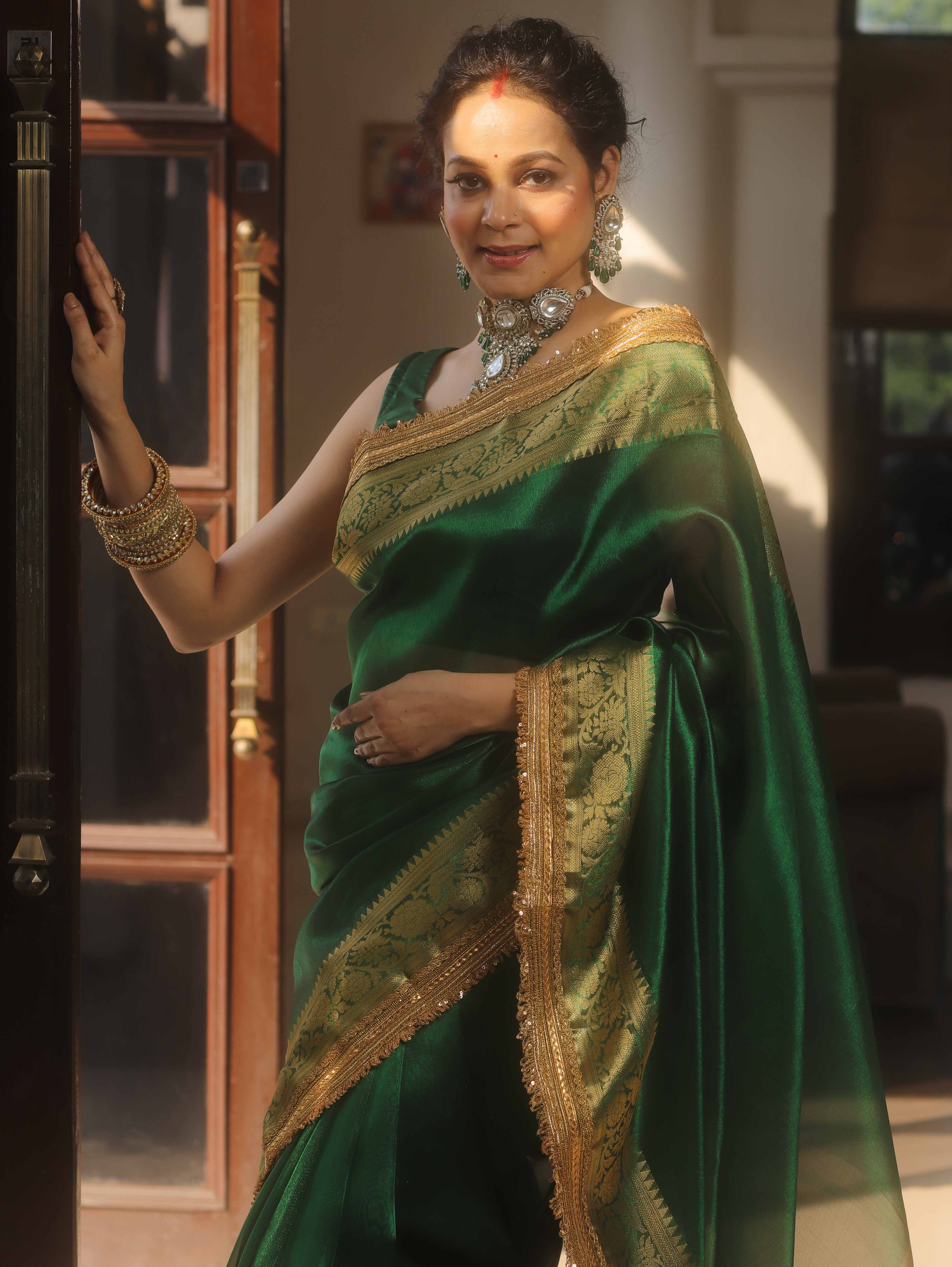Banarasee Handwoven Green Tissue Saree