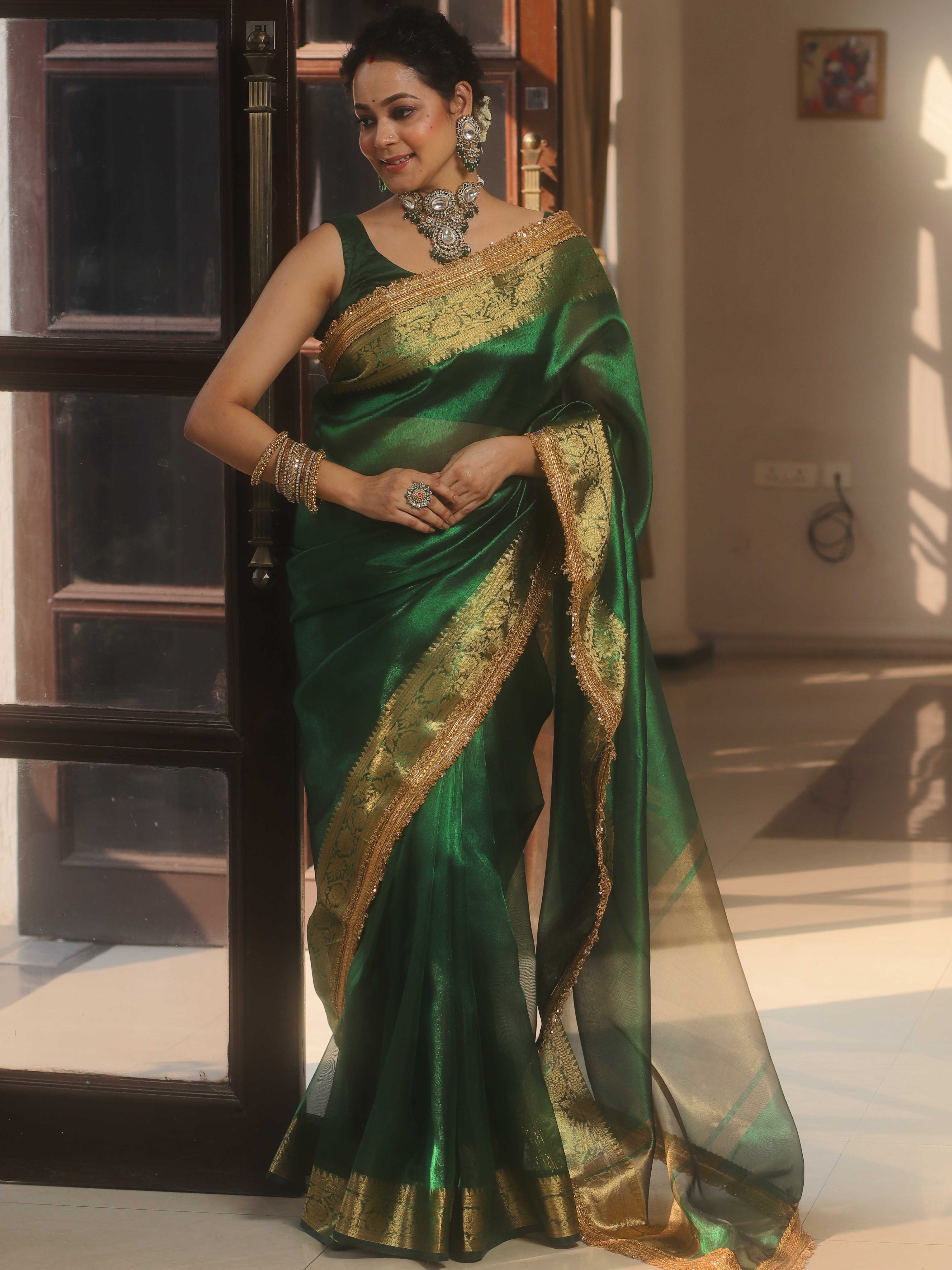 Banarasee Handwoven Green Tissue Saree