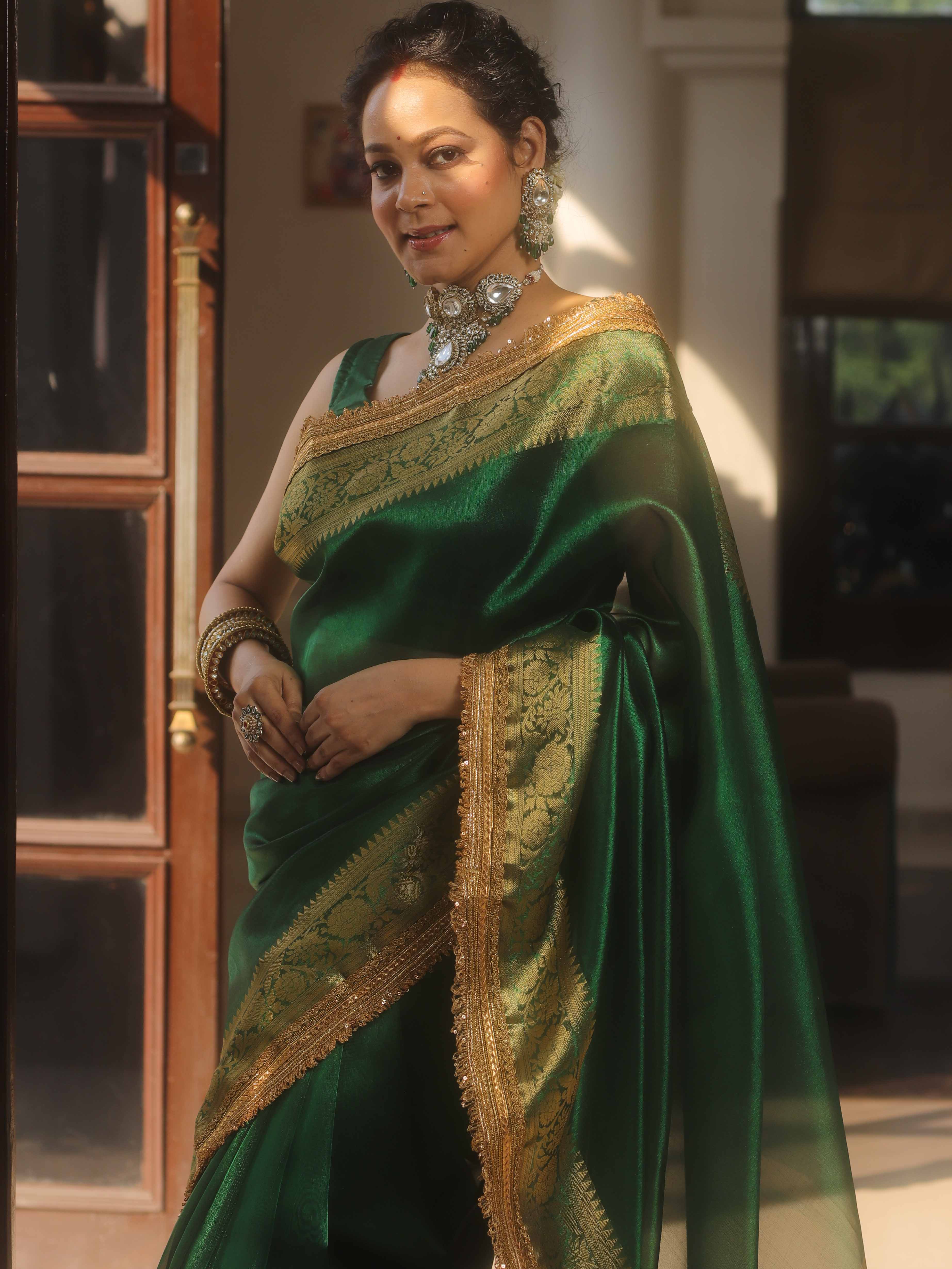 Banarasee Handwoven Green Tissue Saree