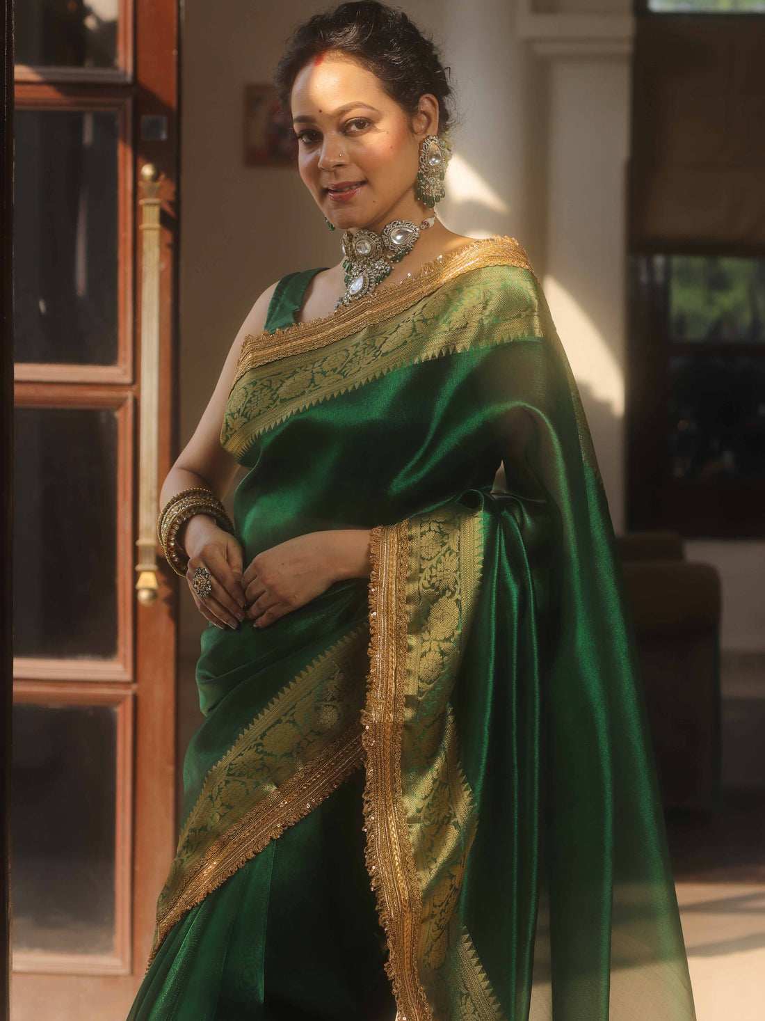 Banarasee Handwoven Green Tissue Saree