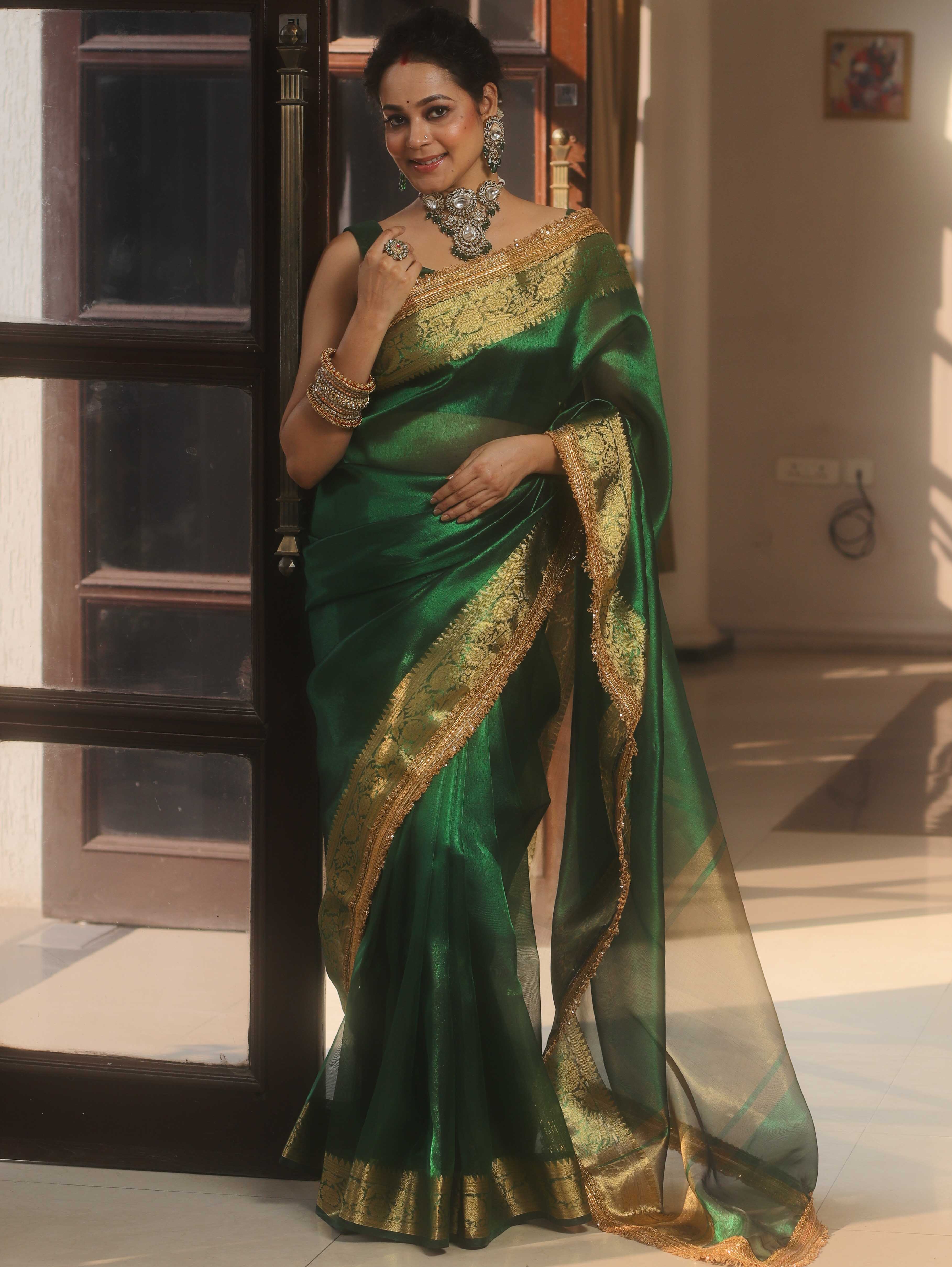 Banarasee Handwoven Green Tissue Saree