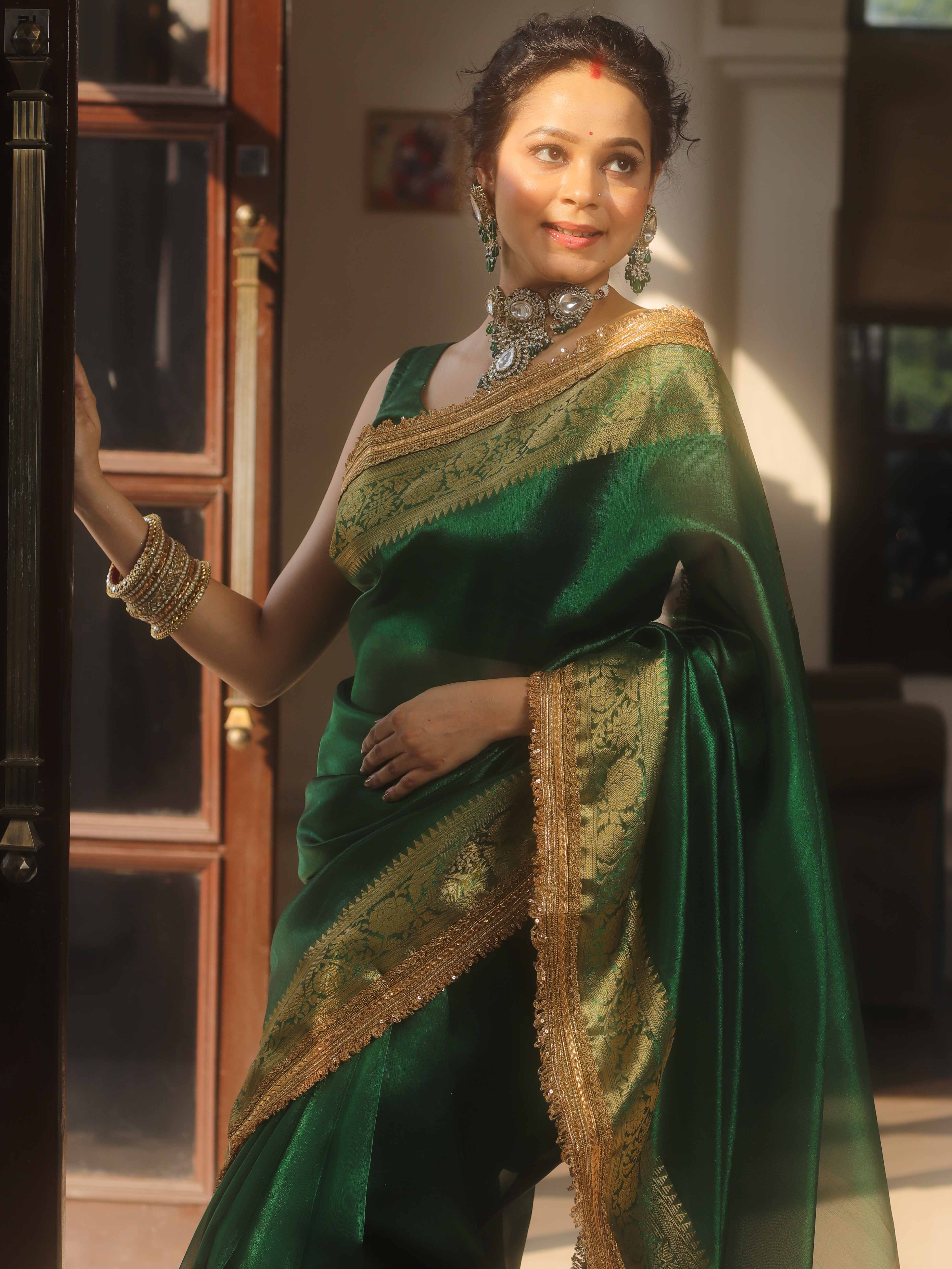 Banarasee Handwoven Green Tissue Saree