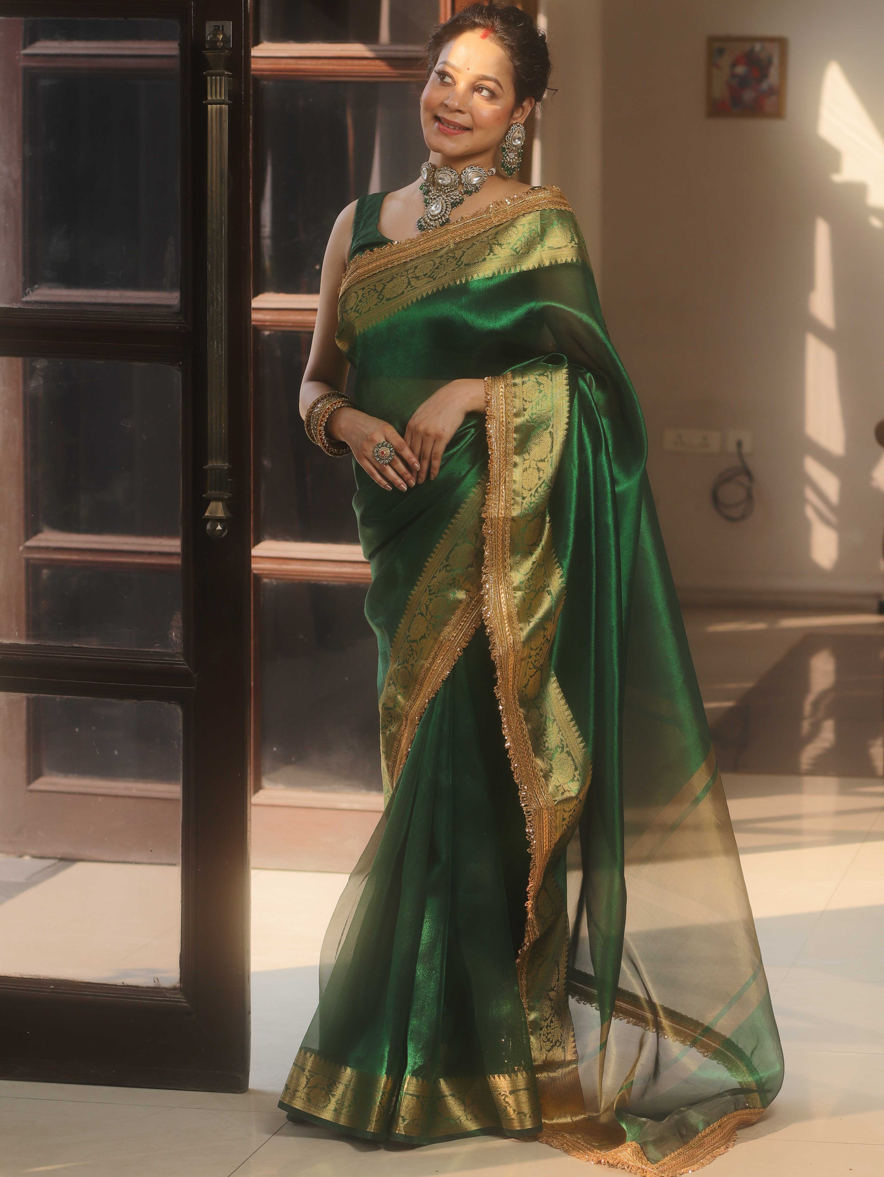 Banarasee Handwoven Green Tissue Saree