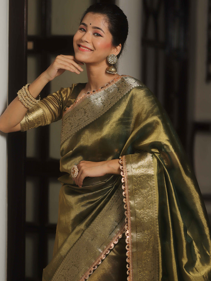 Banarasee Green Tissue Saree Zari Lace