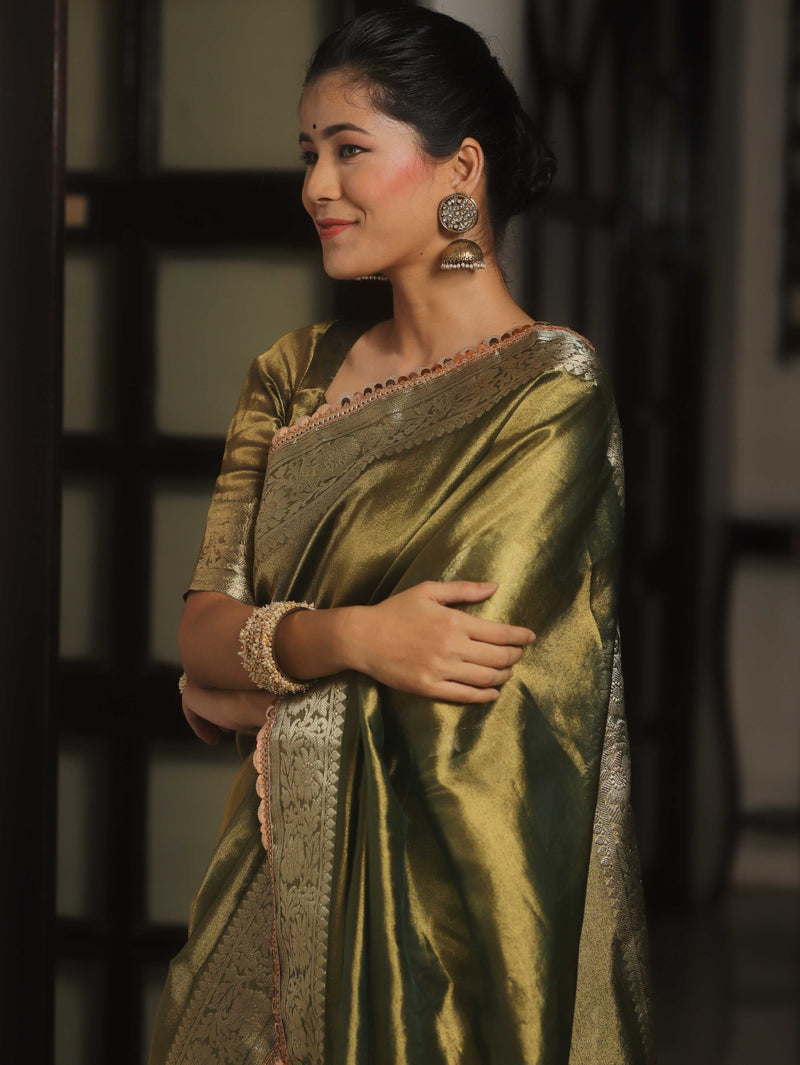 Banarasee Green Tissue Saree Zari Lace