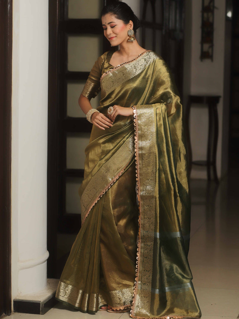 Banarasee Green Tissue Saree Zari Lace