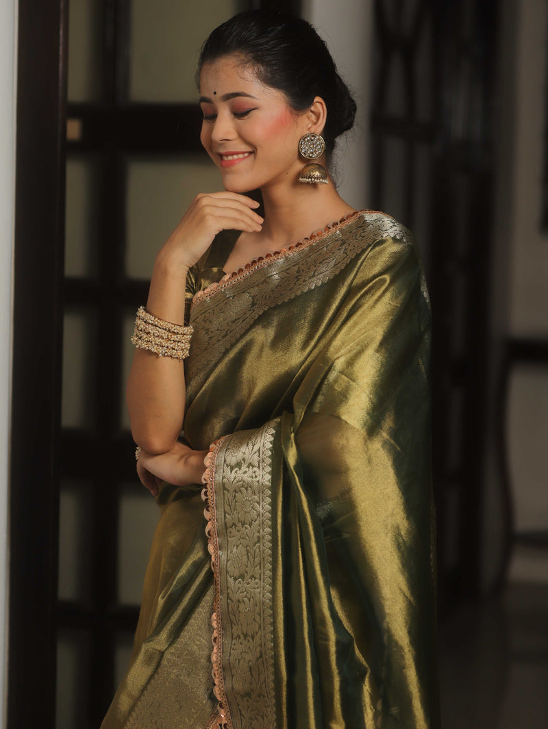 Banarasee Green Tissue Saree Zari Lace