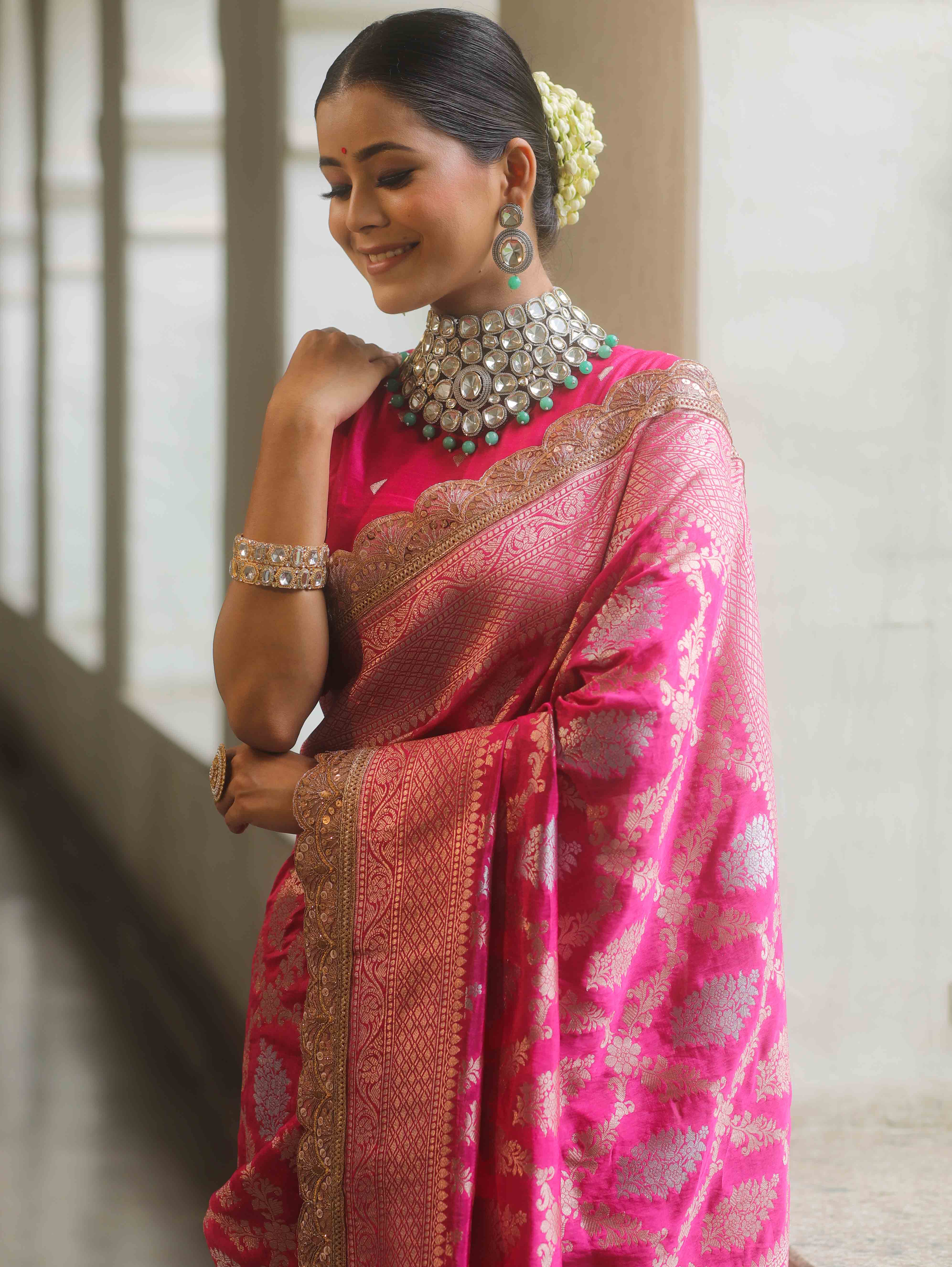 Banarasee Handwoven Pink Georgette Saree