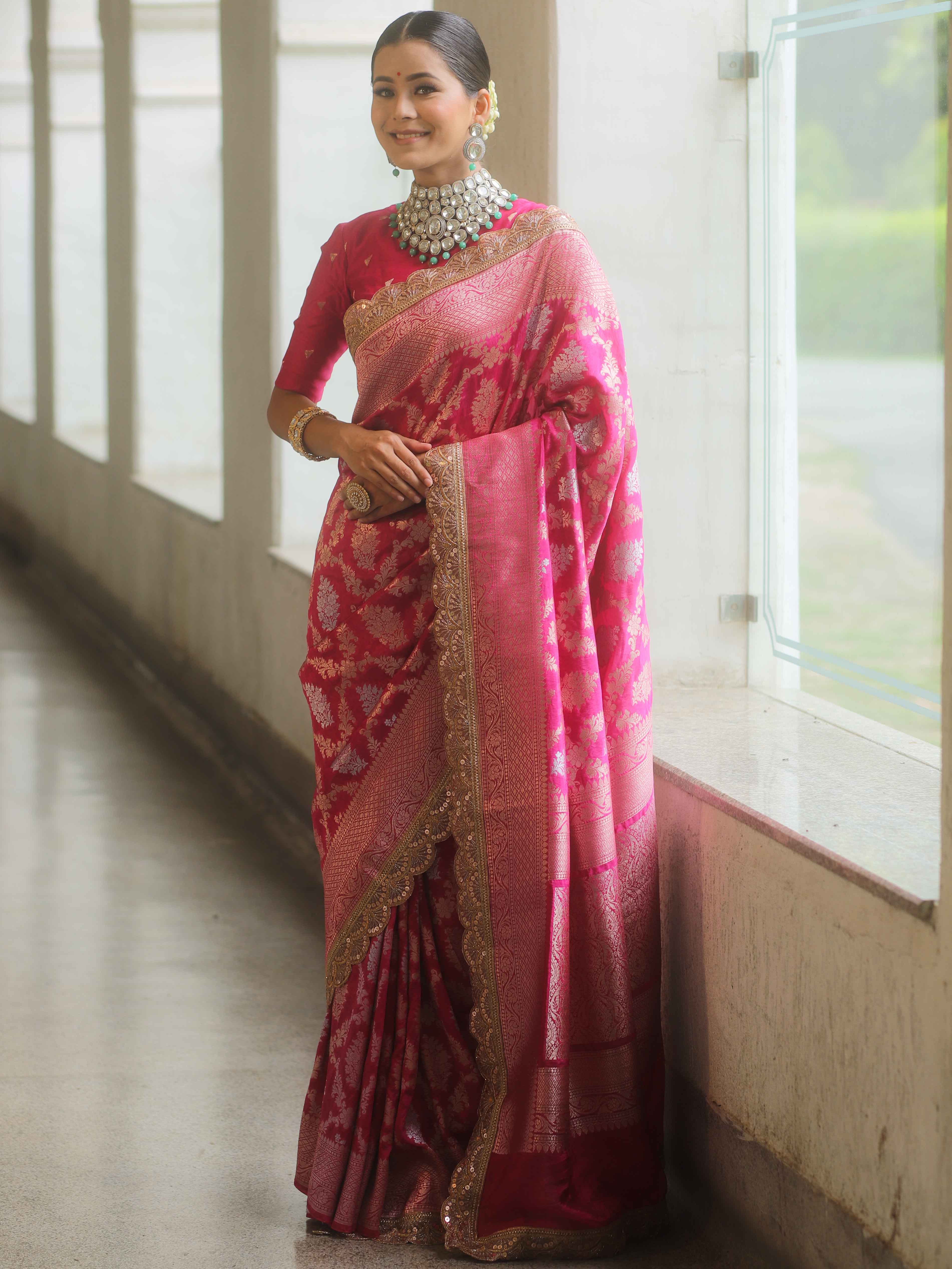 Banarasee Handwoven Pink Georgette Saree