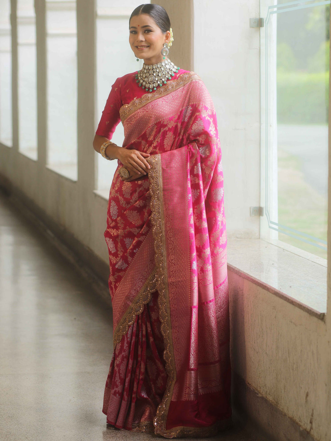 Banarasee Handwoven Pink Georgette Saree