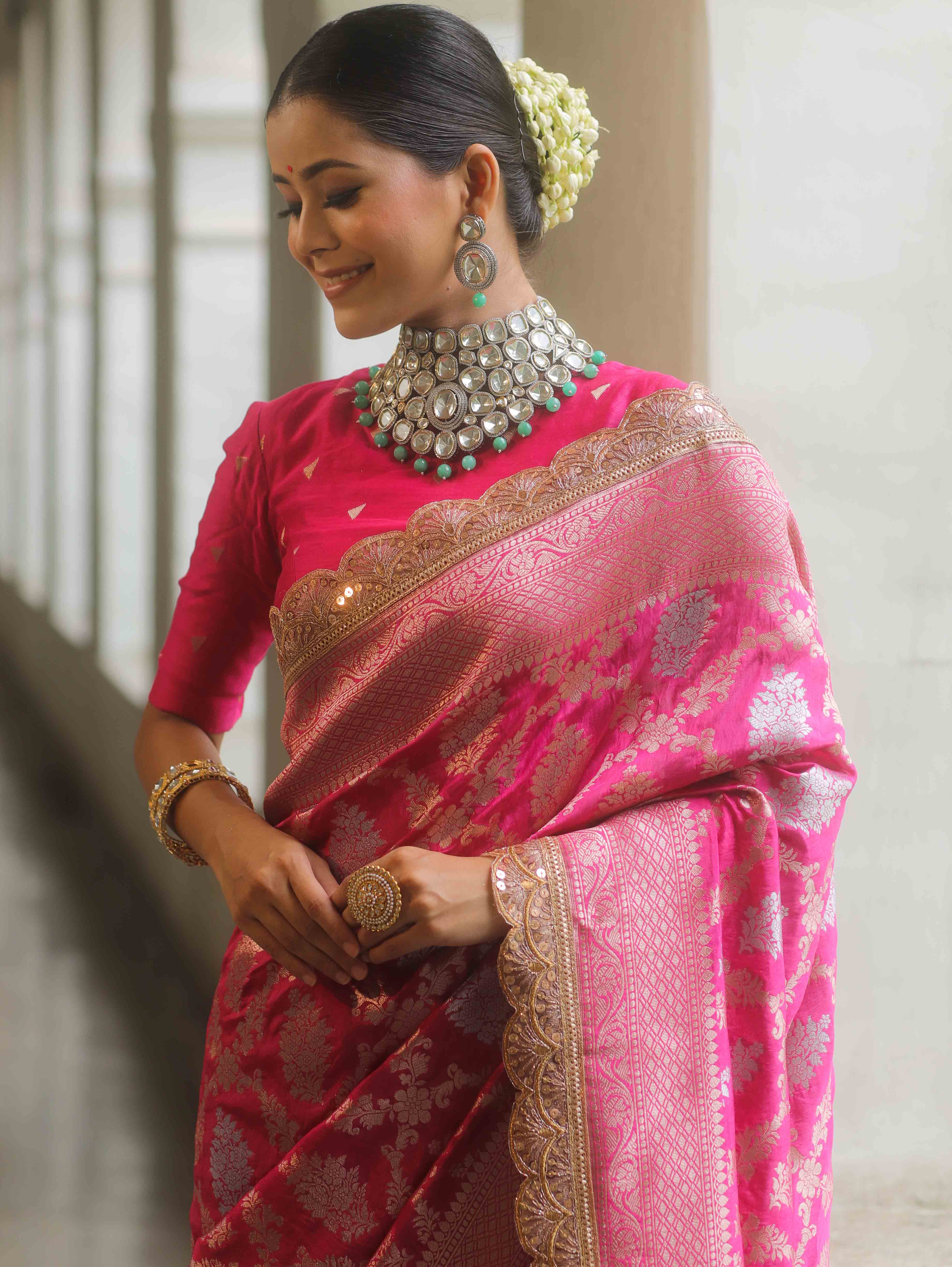 Banarasee Handwoven Pink Georgette Saree