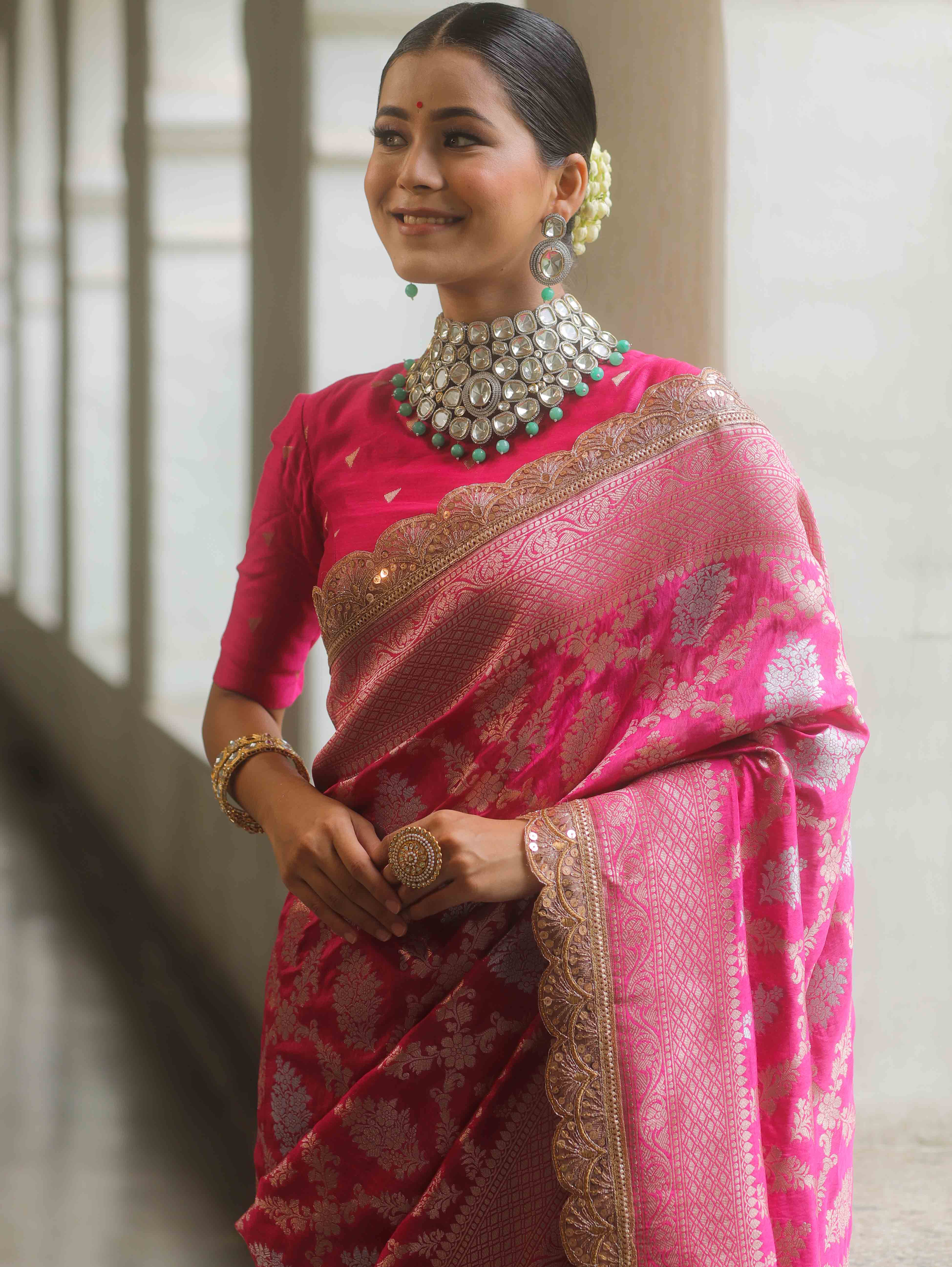 Banarasee Handwoven Pink Georgette Saree