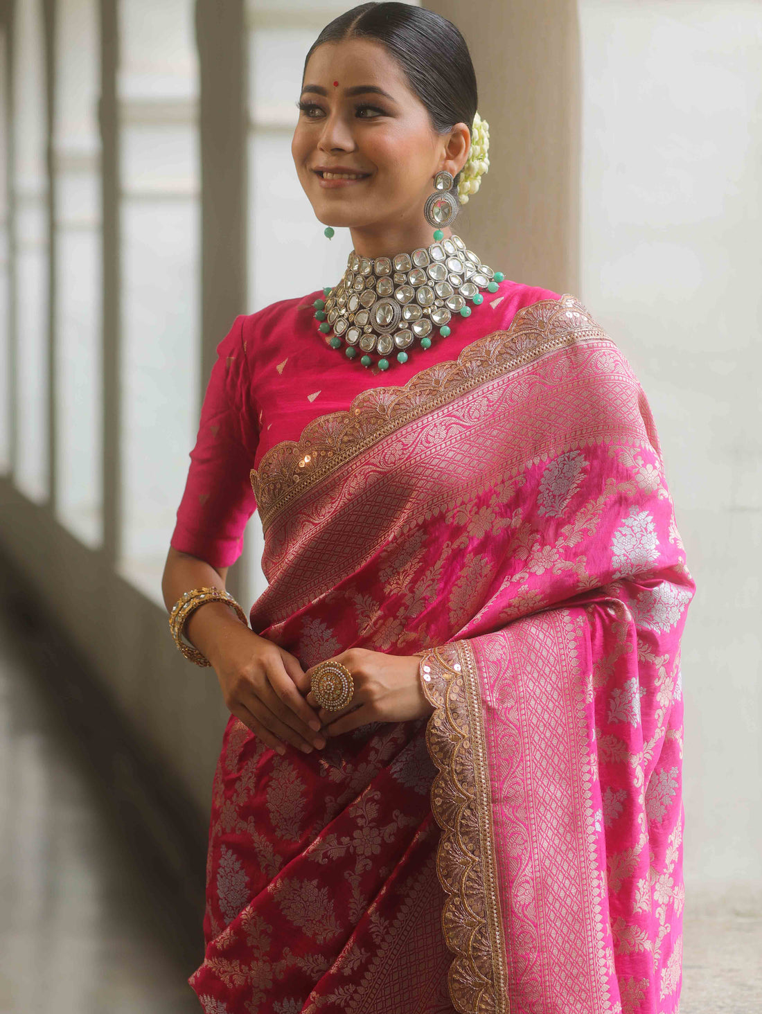 Banarasee Handwoven Pink Georgette Saree