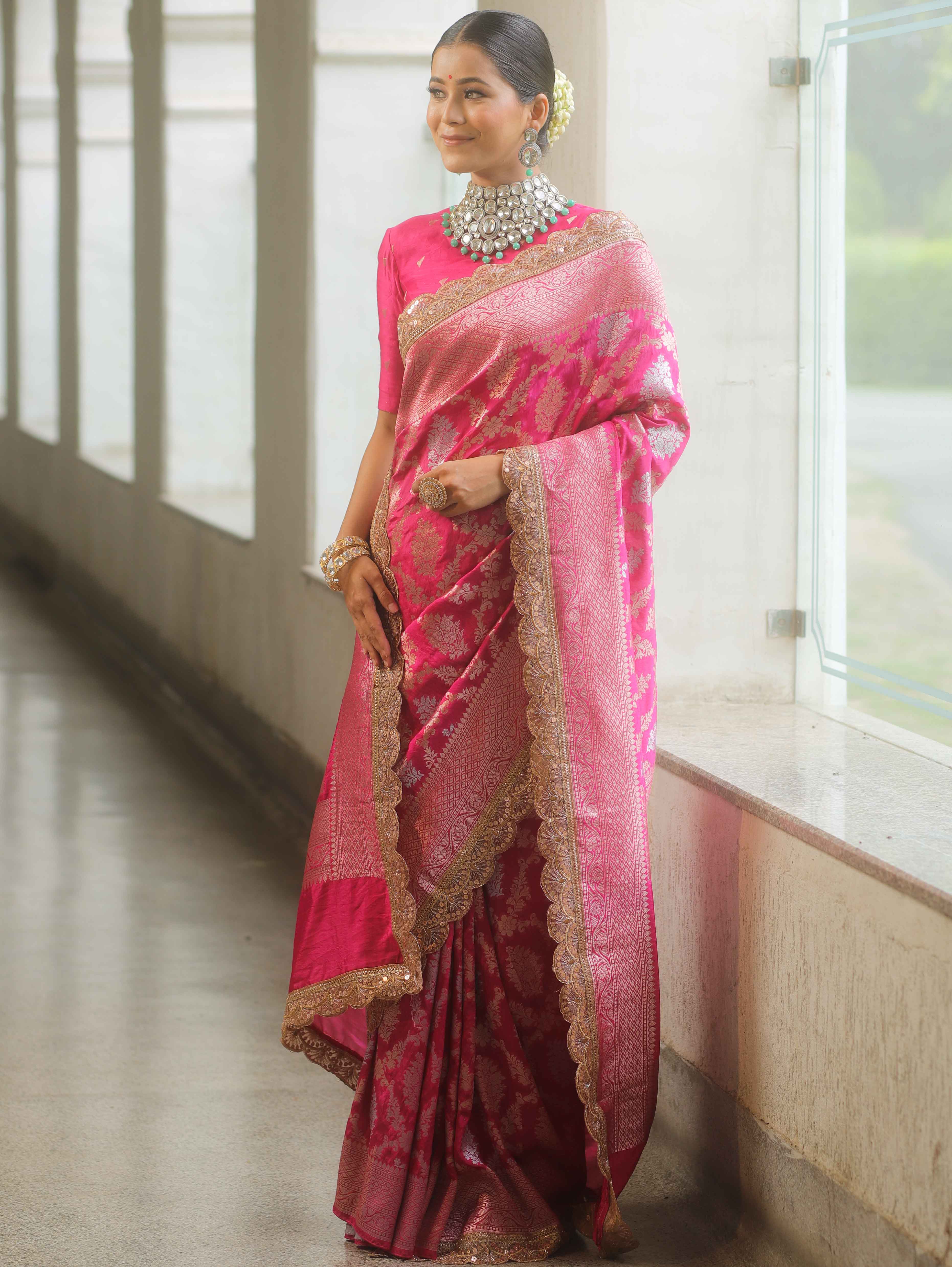 Banarasee Handwoven Pink Georgette Saree