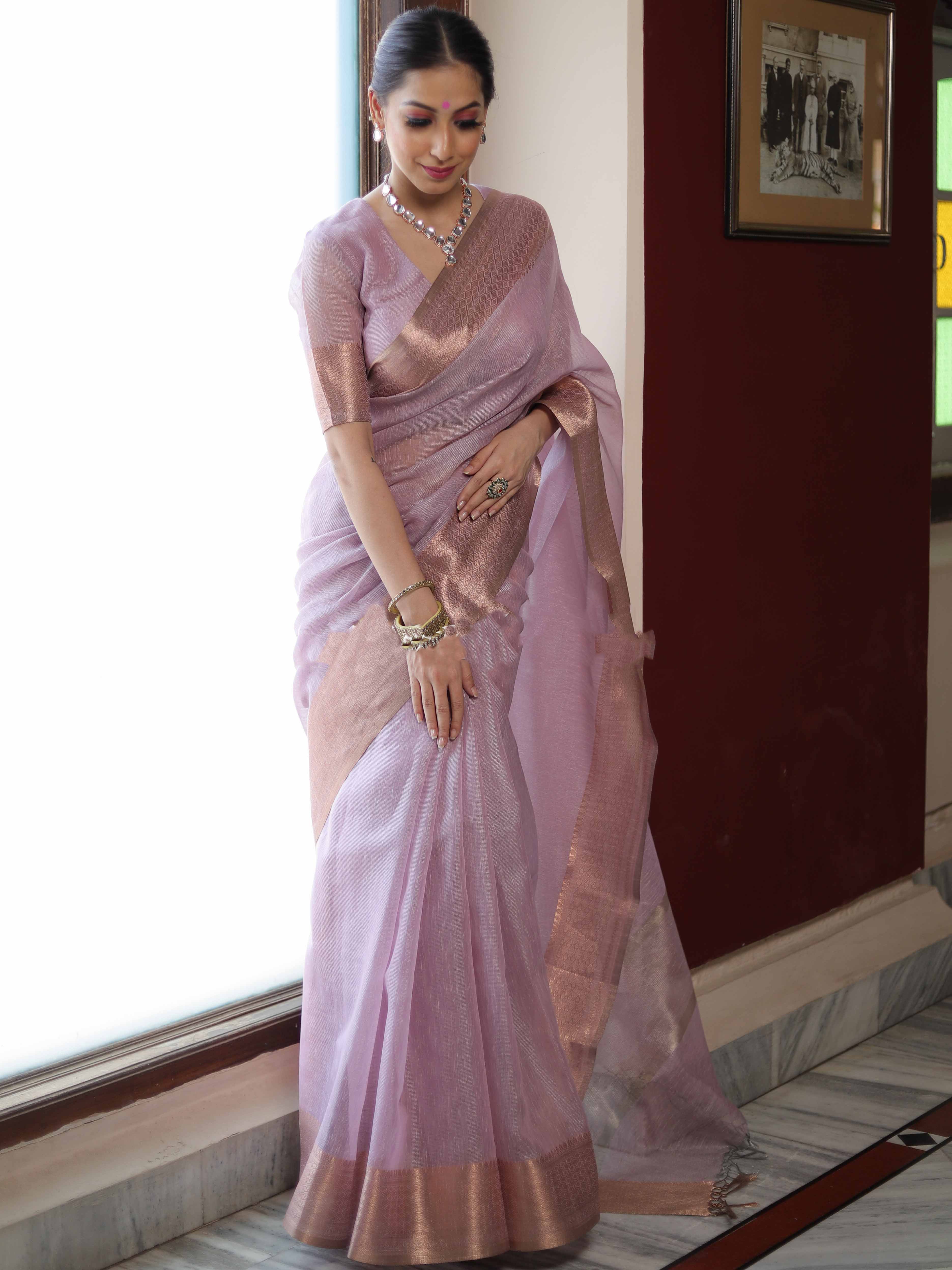 Banarasee Pink Linen Tissue Zari Saree