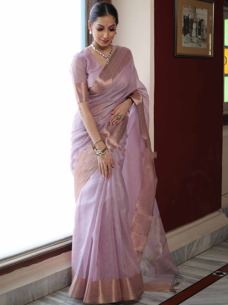 Banarasee Pink Linen Tissue Zari Saree