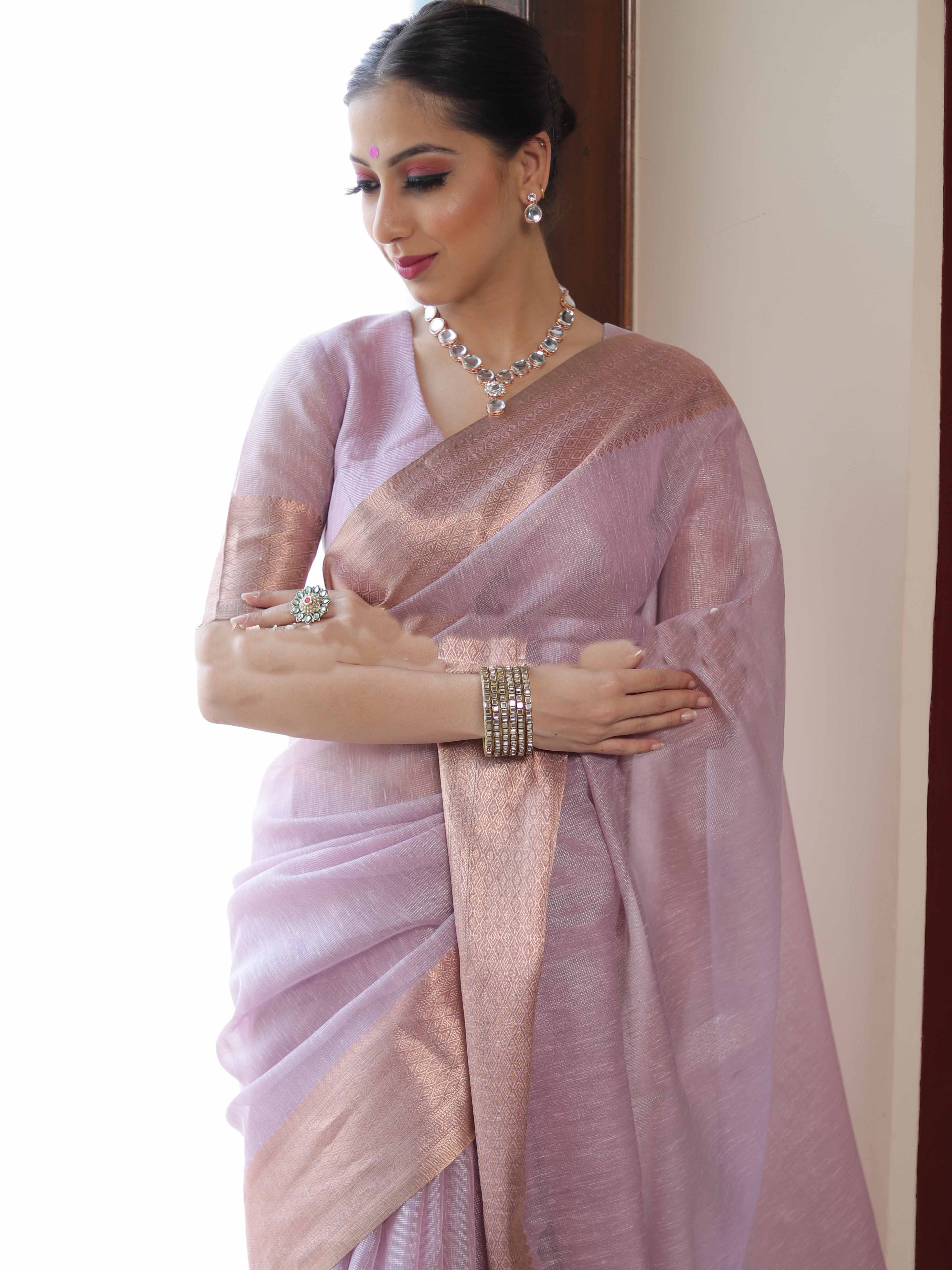 Banarasee Pink Linen Tissue Zari Saree