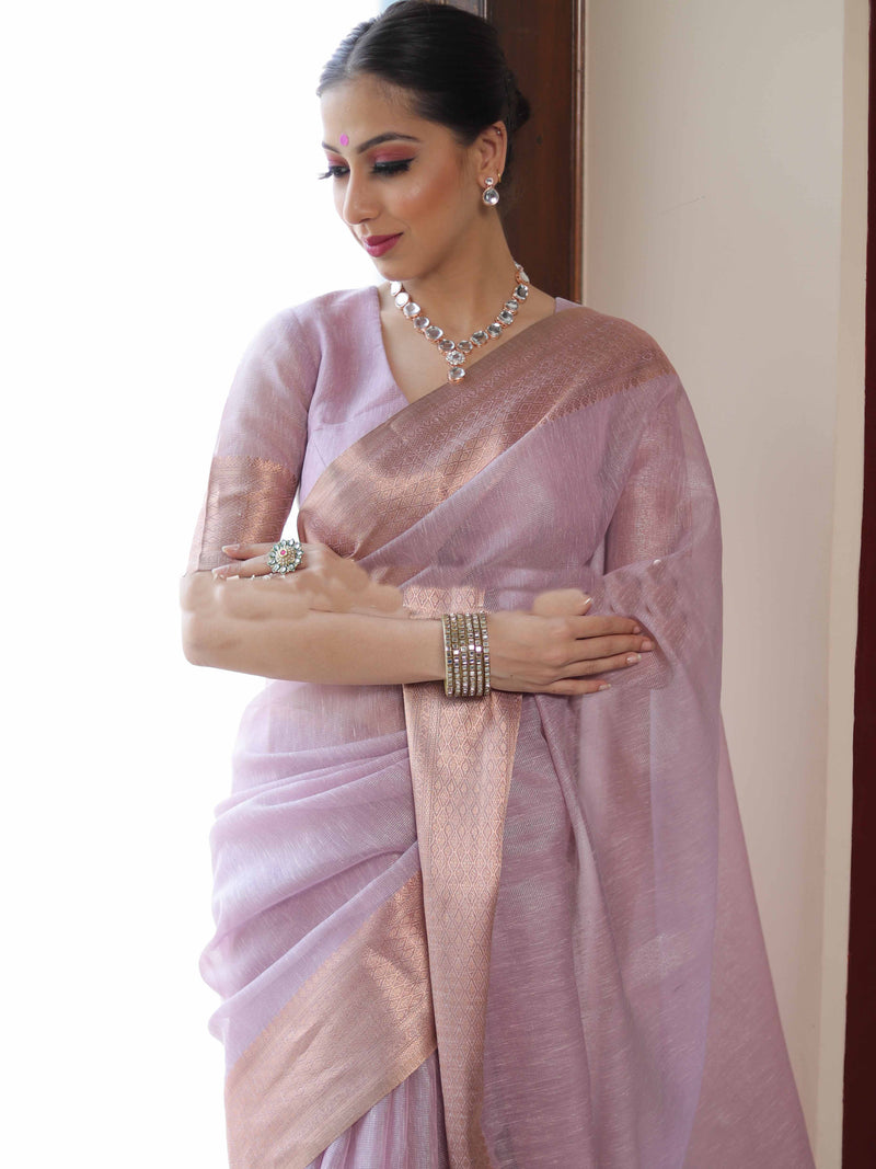 Banarasee Pink Linen Tissue Zari Saree