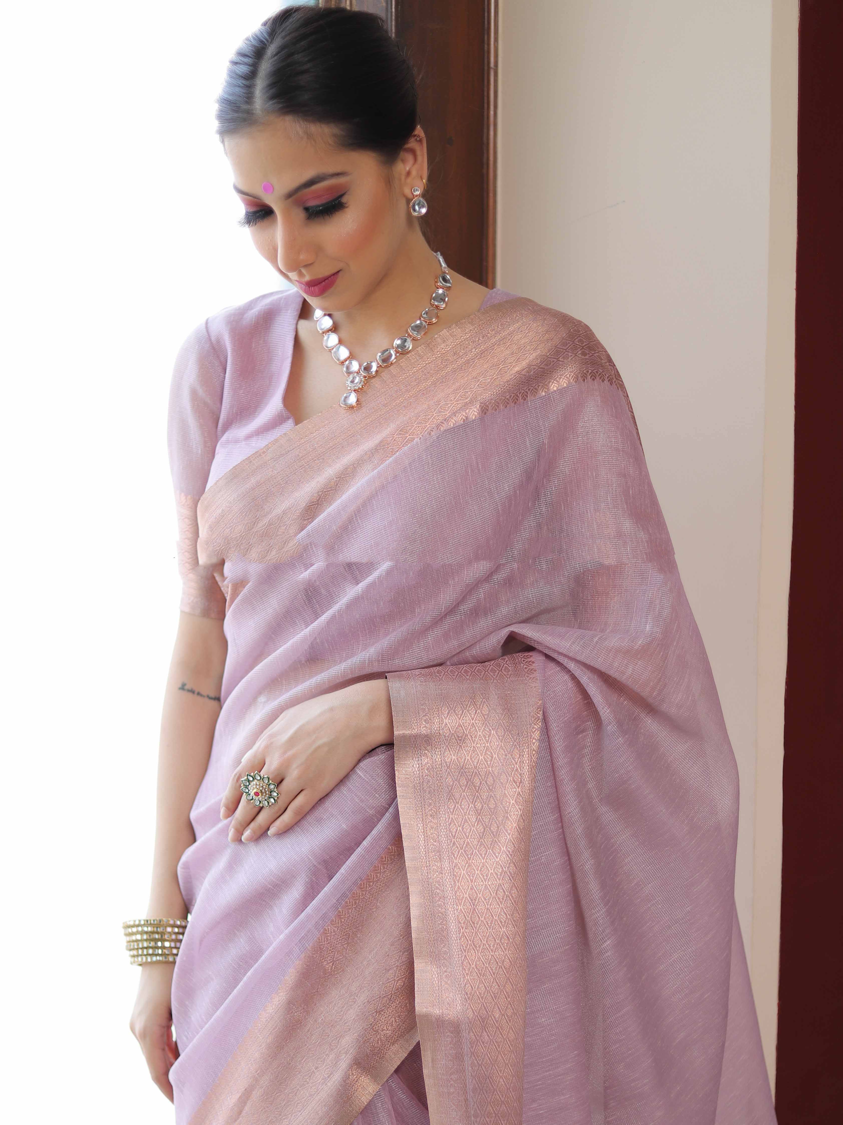 Banarasee Pink Linen Tissue Zari Saree