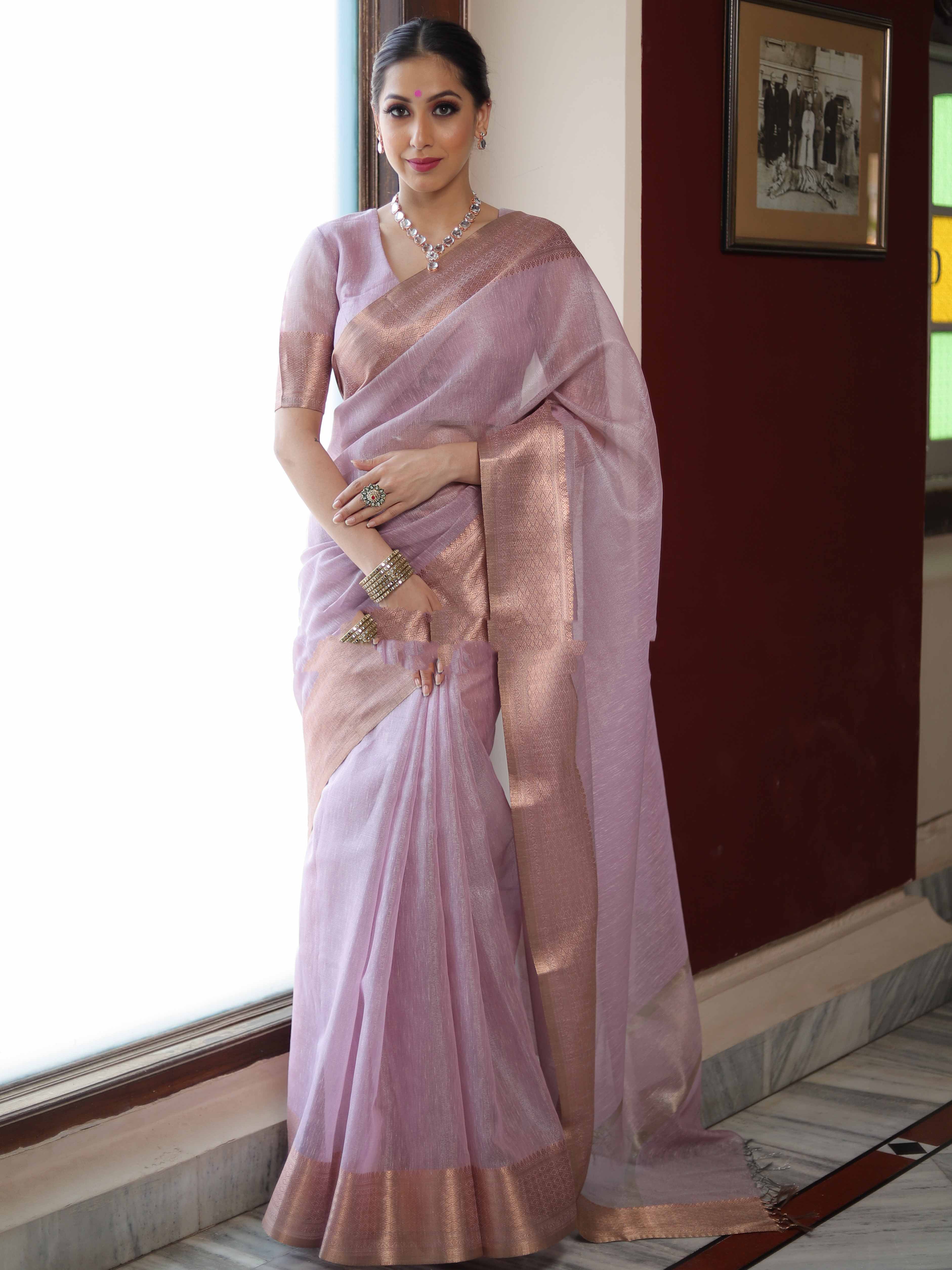 Banarasee Pink Linen Tissue Zari Saree