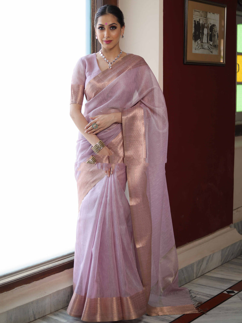 Banarasee Pink Linen Tissue Zari Saree