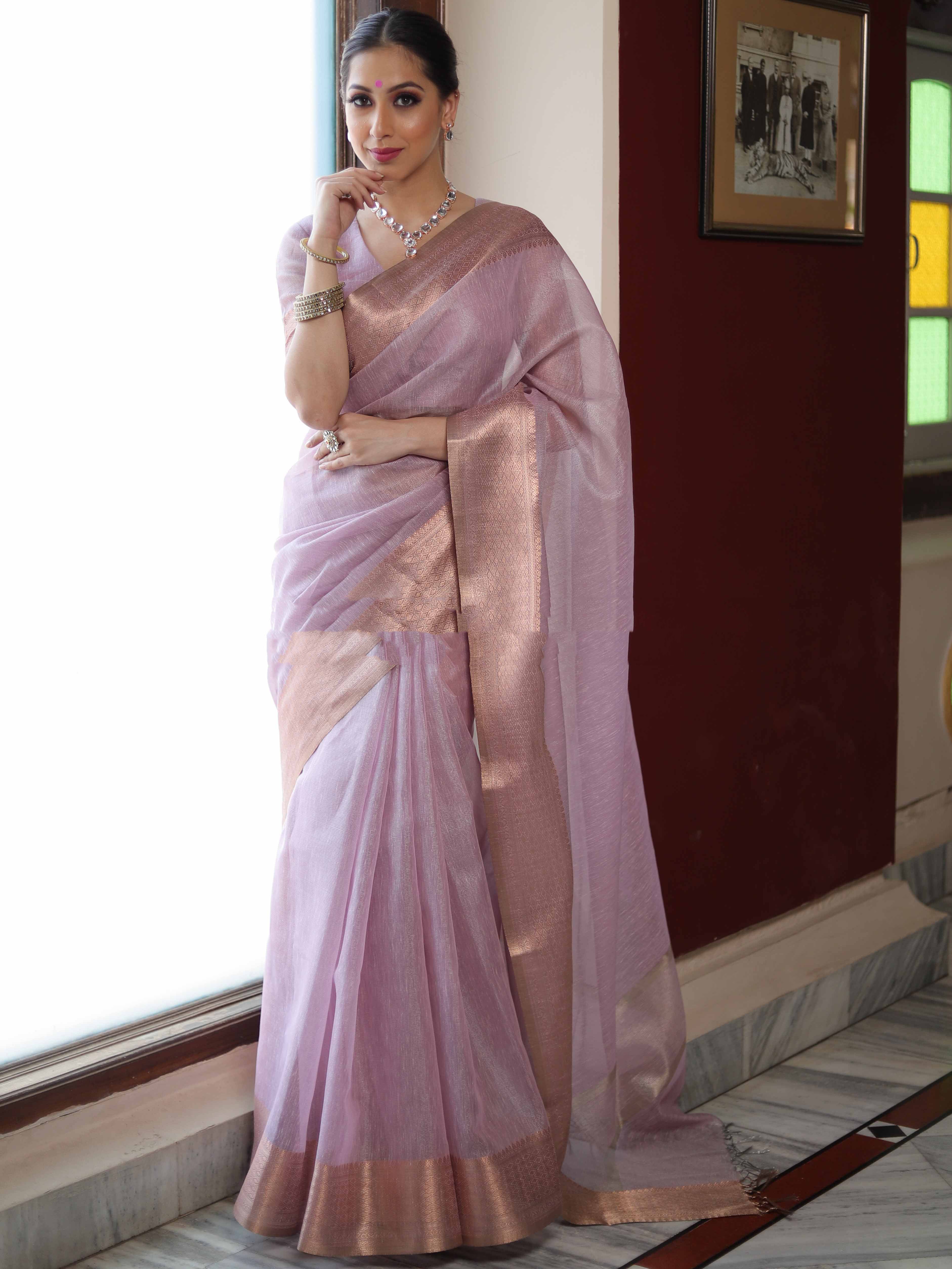 Banarasee Pink Linen Tissue Zari Saree