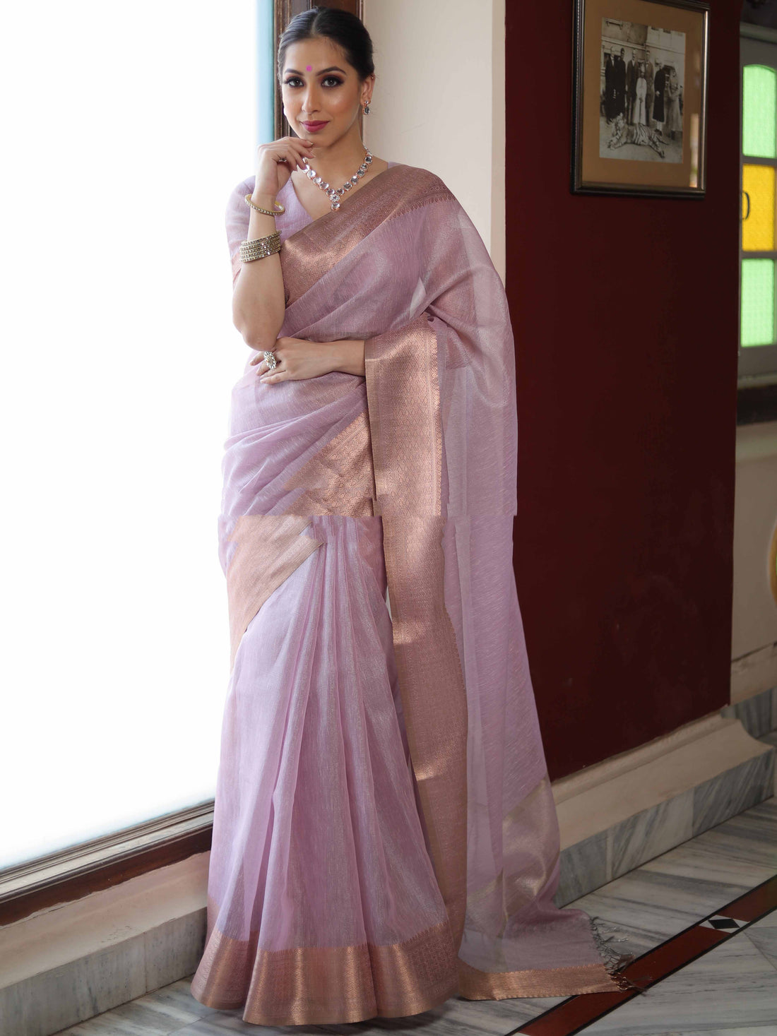 Banarasee Pink Linen Tissue Zari Saree