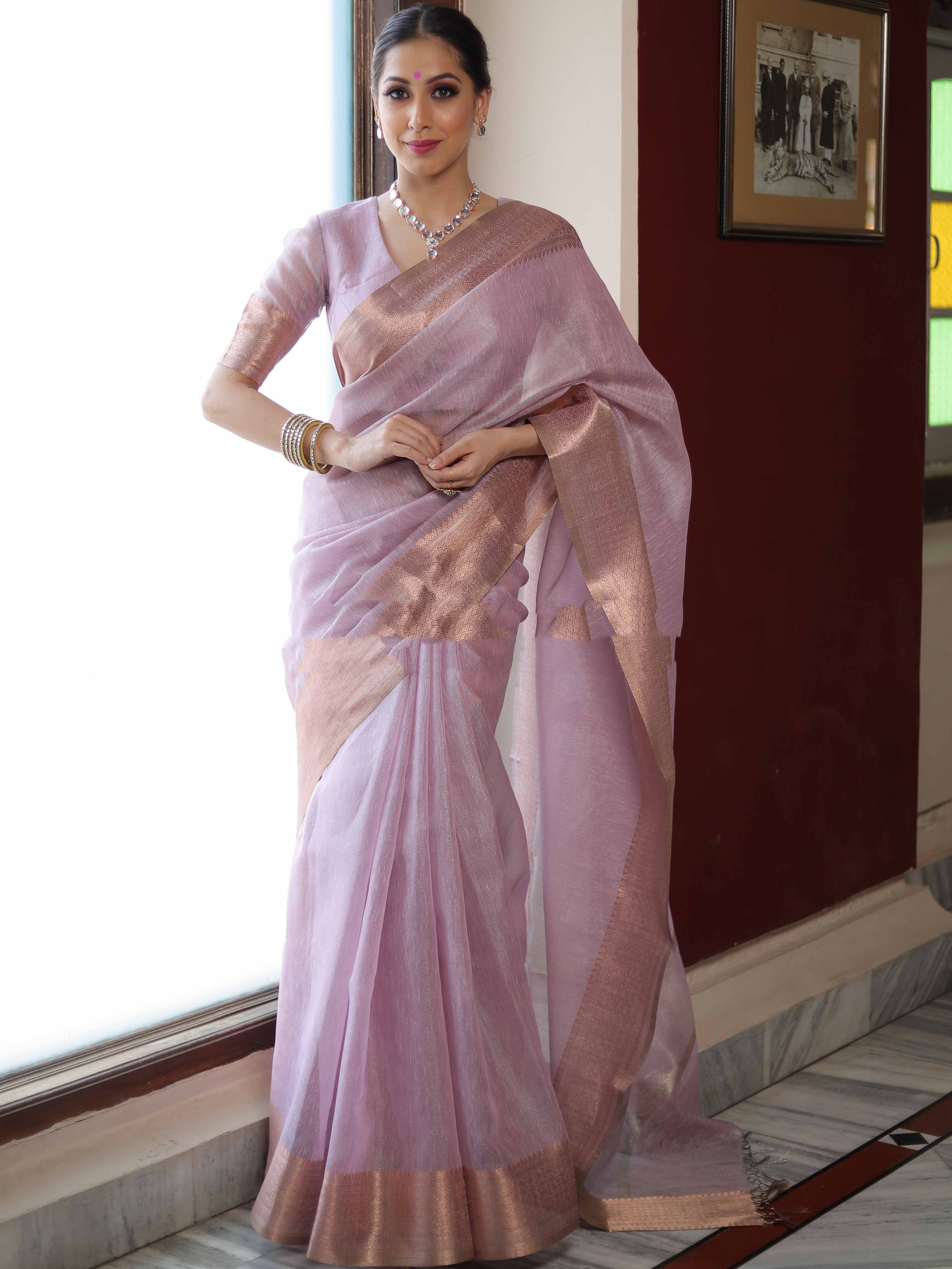 Banarasee Pink Linen Tissue Zari Saree