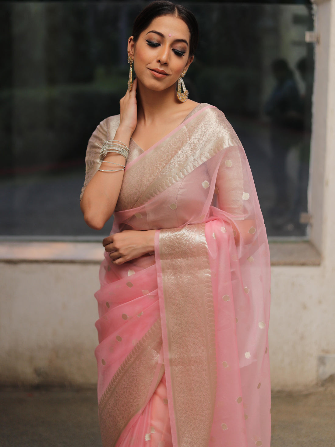 pink organza saree